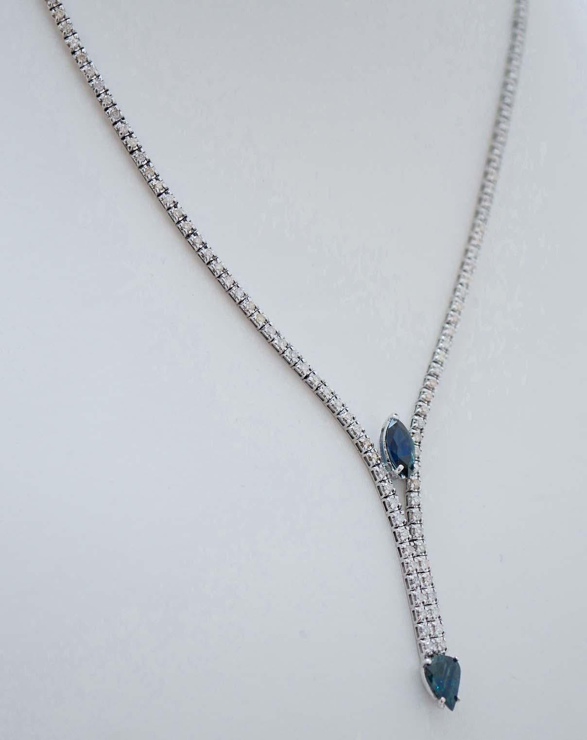 Retro Sapphires, Diamonds, 14 Karat White Gold Tennis Necklace. For Sale