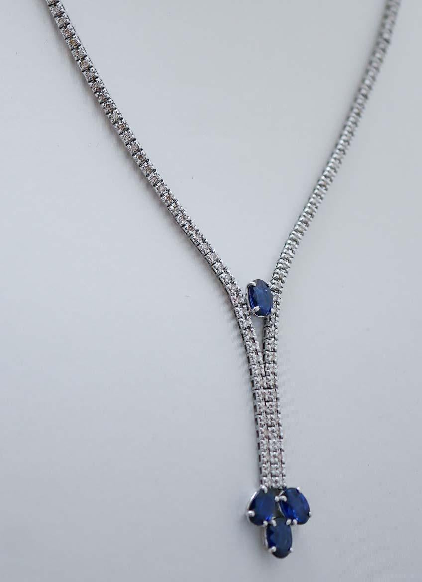 Retro Sapphires, Diamonds, 14 Karat White Gold Tennis Necklace. For Sale