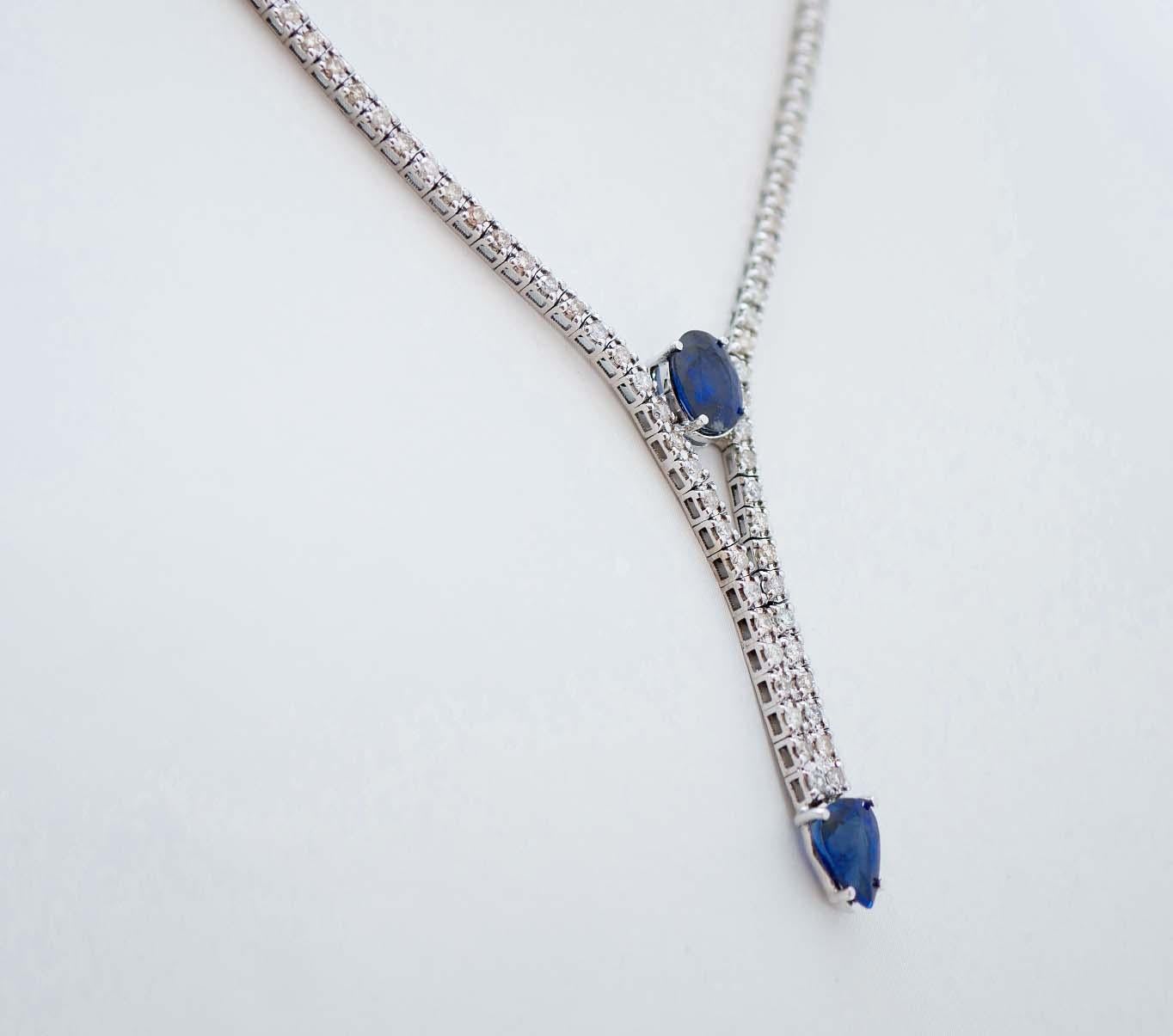 Retro Sapphires, Diamonds, 14 Karat White Gold Tennis Necklace For Sale
