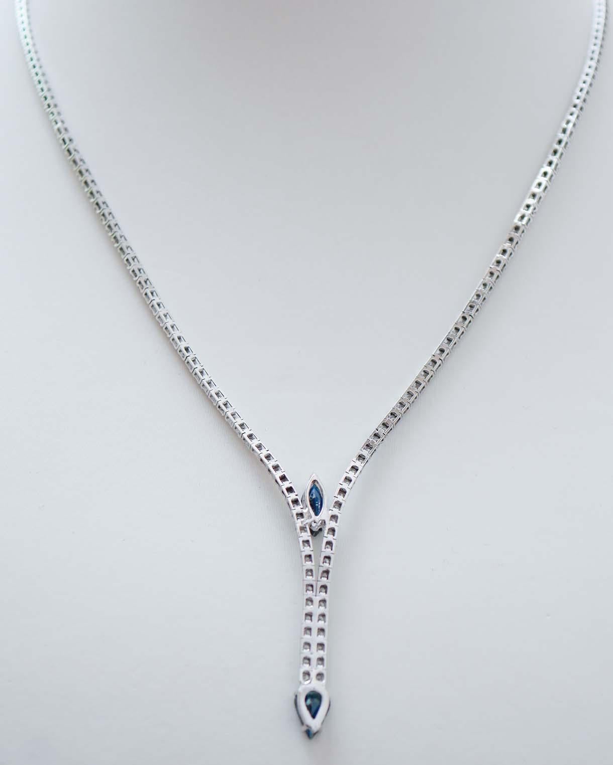 Mixed Cut Sapphires, Diamonds, 14 Karat White Gold Tennis Necklace. For Sale
