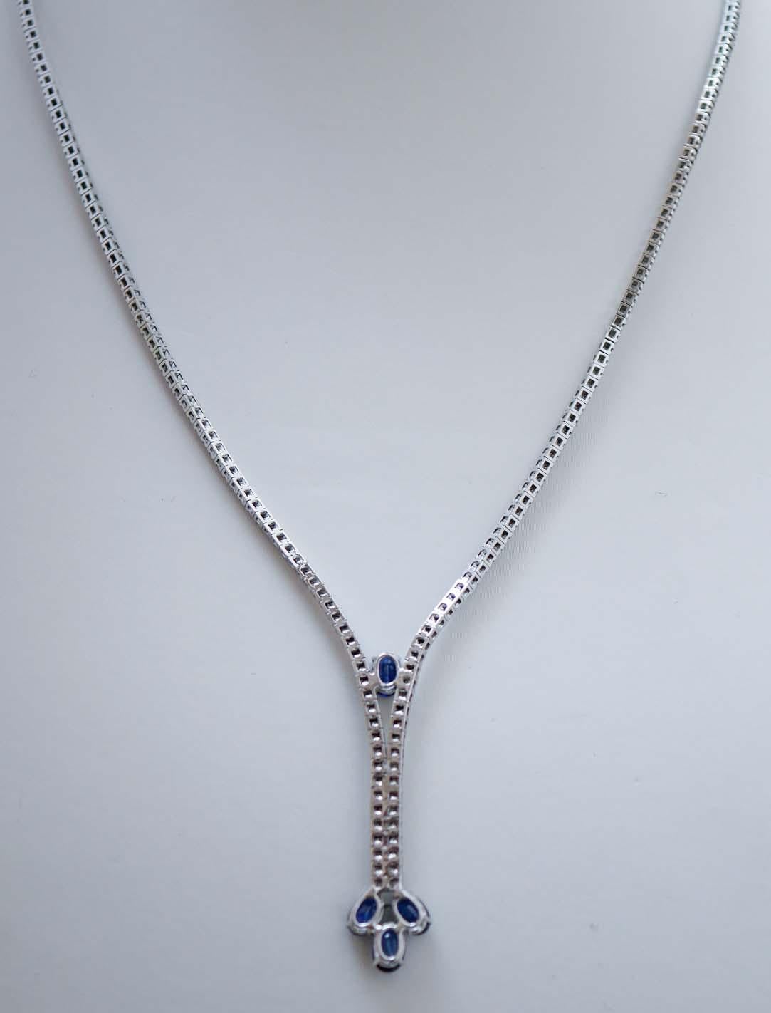 Mixed Cut Sapphires, Diamonds, 14 Karat White Gold Tennis Necklace. For Sale