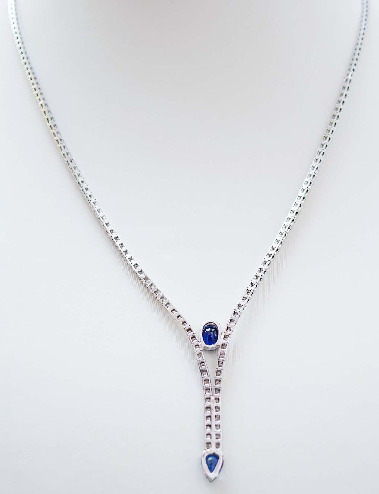 Mixed Cut Sapphires, Diamonds, 14 Karat White Gold Tennis Necklace For Sale