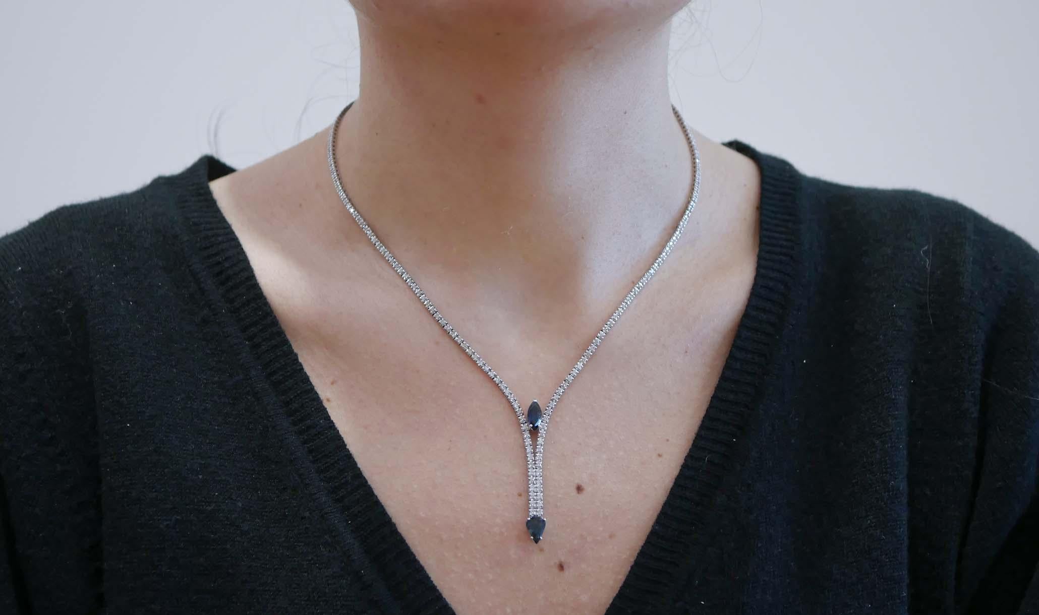 Sapphires, Diamonds, 14 Karat White Gold Tennis Necklace. In Good Condition For Sale In Marcianise, Marcianise (CE)