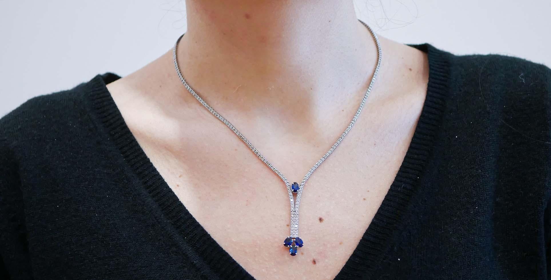 Sapphires, Diamonds, 14 Karat White Gold Tennis Necklace. In New Condition For Sale In Marcianise, Marcianise (CE)