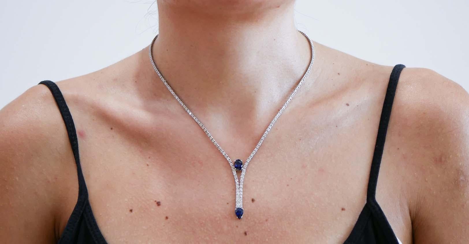 Sapphires, Diamonds, 14 Karat White Gold Tennis Necklace In New Condition For Sale In Marcianise, Marcianise (CE)