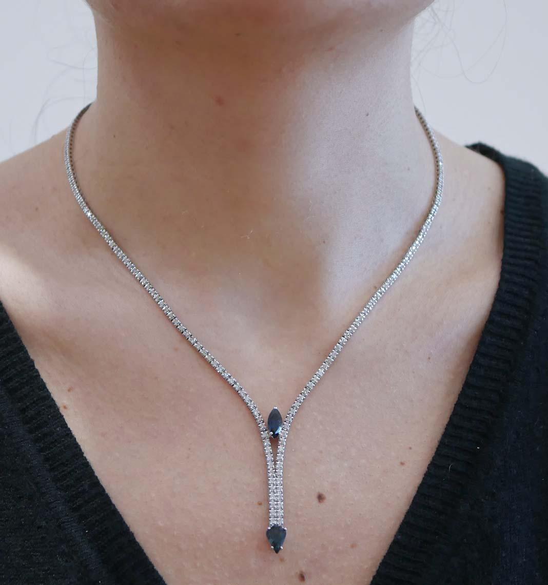 Women's Sapphires, Diamonds, 14 Karat White Gold Tennis Necklace. For Sale