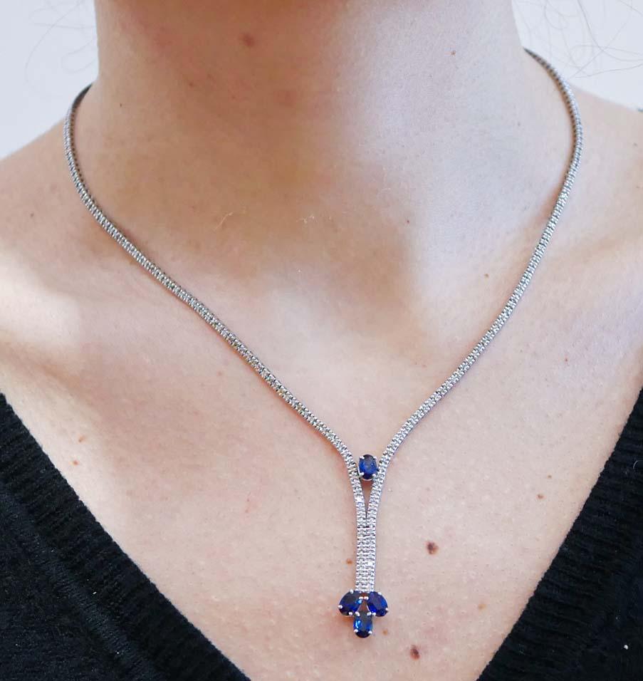 Women's Sapphires, Diamonds, 14 Karat White Gold Tennis Necklace. For Sale