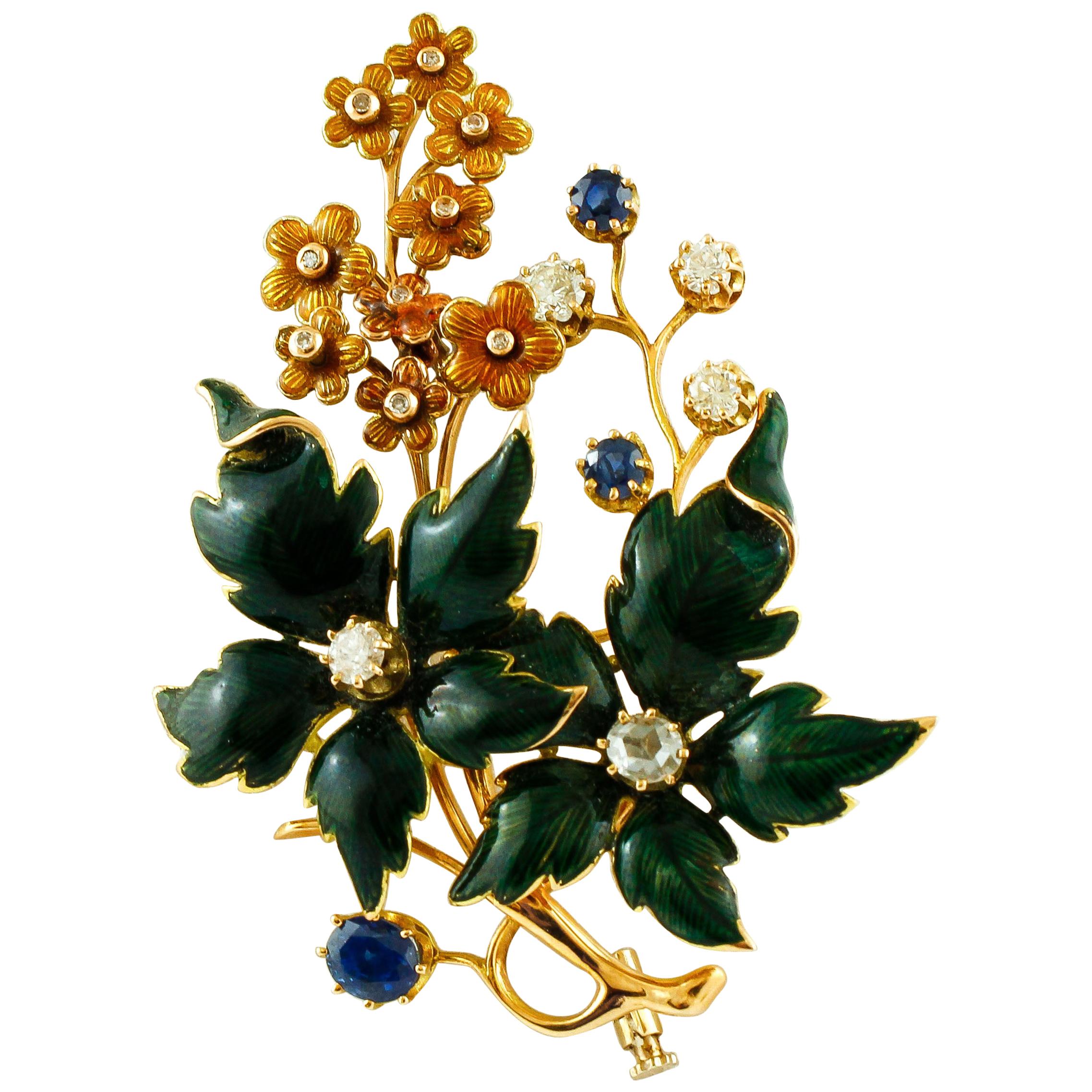 Sapphires, Diamonds, 14 Karat Yellow Gold and Enamel For Sale