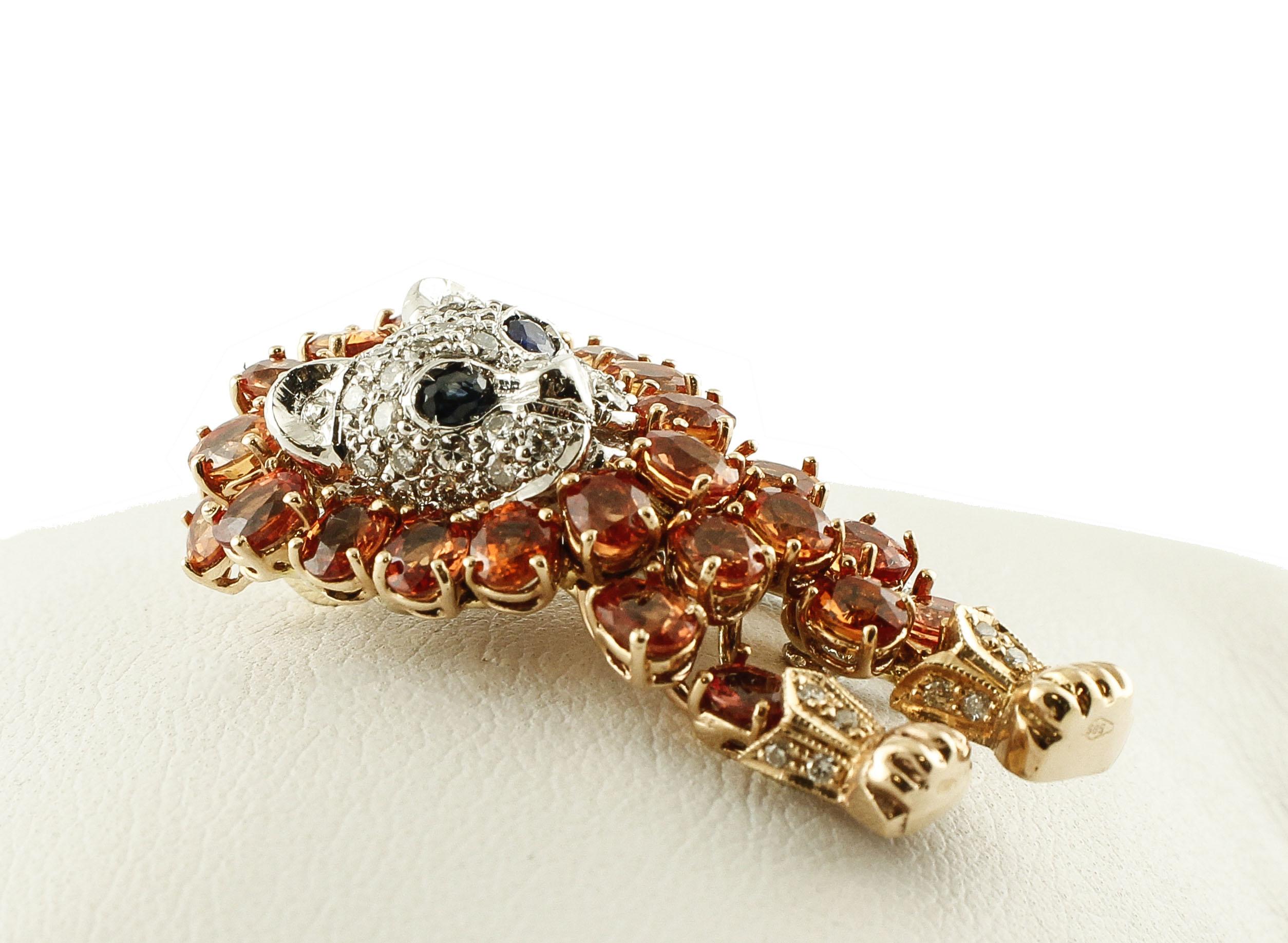 Women's Sapphires, Diamonds, 14 Karat Rose and White Gold Lion Brooch