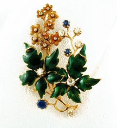 Sapphires, Diamonds, 14 Karat Yellow Gold and Enamel