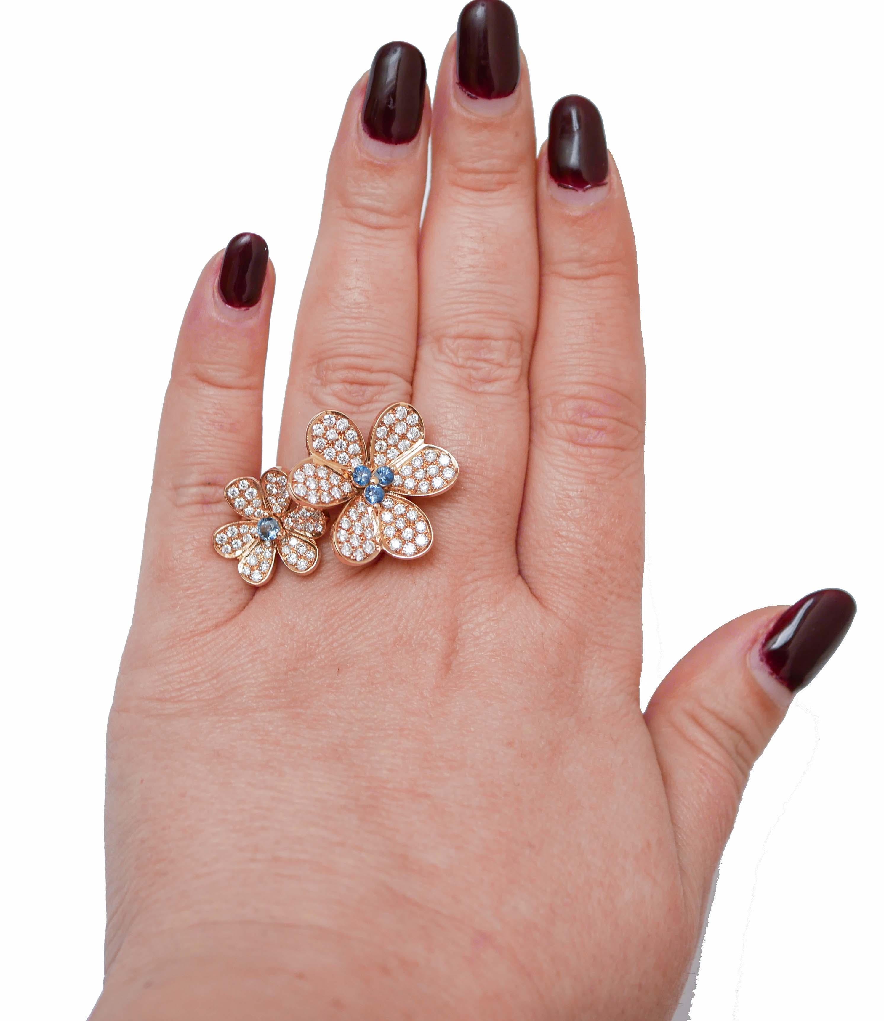 Mixed Cut Sapphires, Diamonds, 18 Karat Rose Gold Flowers Ring. For Sale
