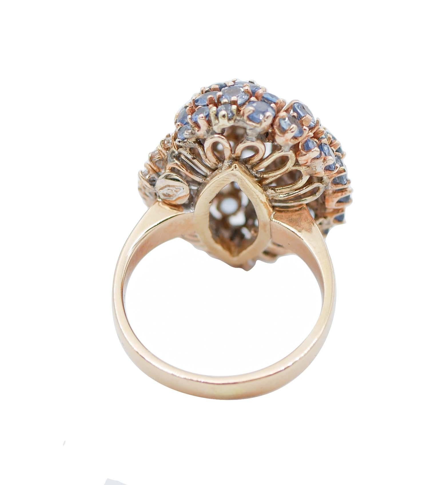 Retro Sapphires, Diamonds, 18 Karat Rose Gold Ring For Sale