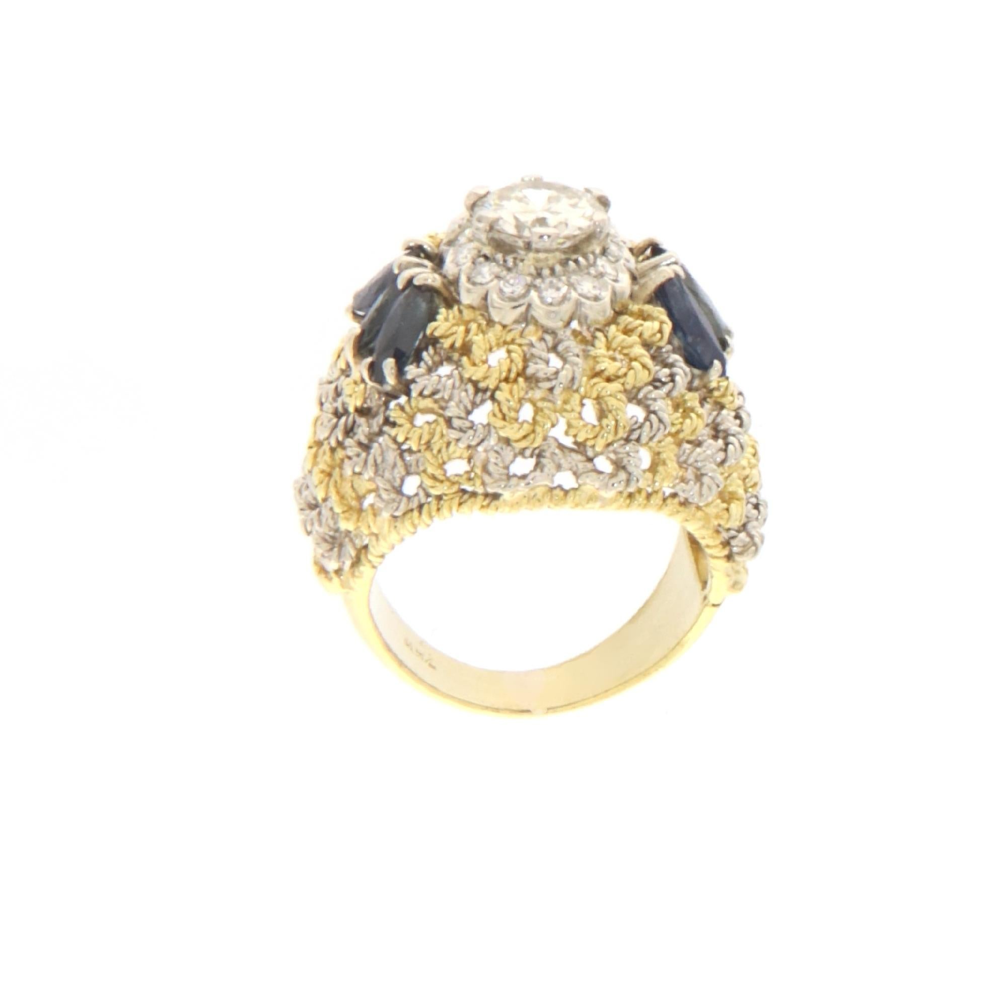 Artisan Sapphires Diamonds 18 Karat White And Yellow Gold Cocktail Ring For Sale