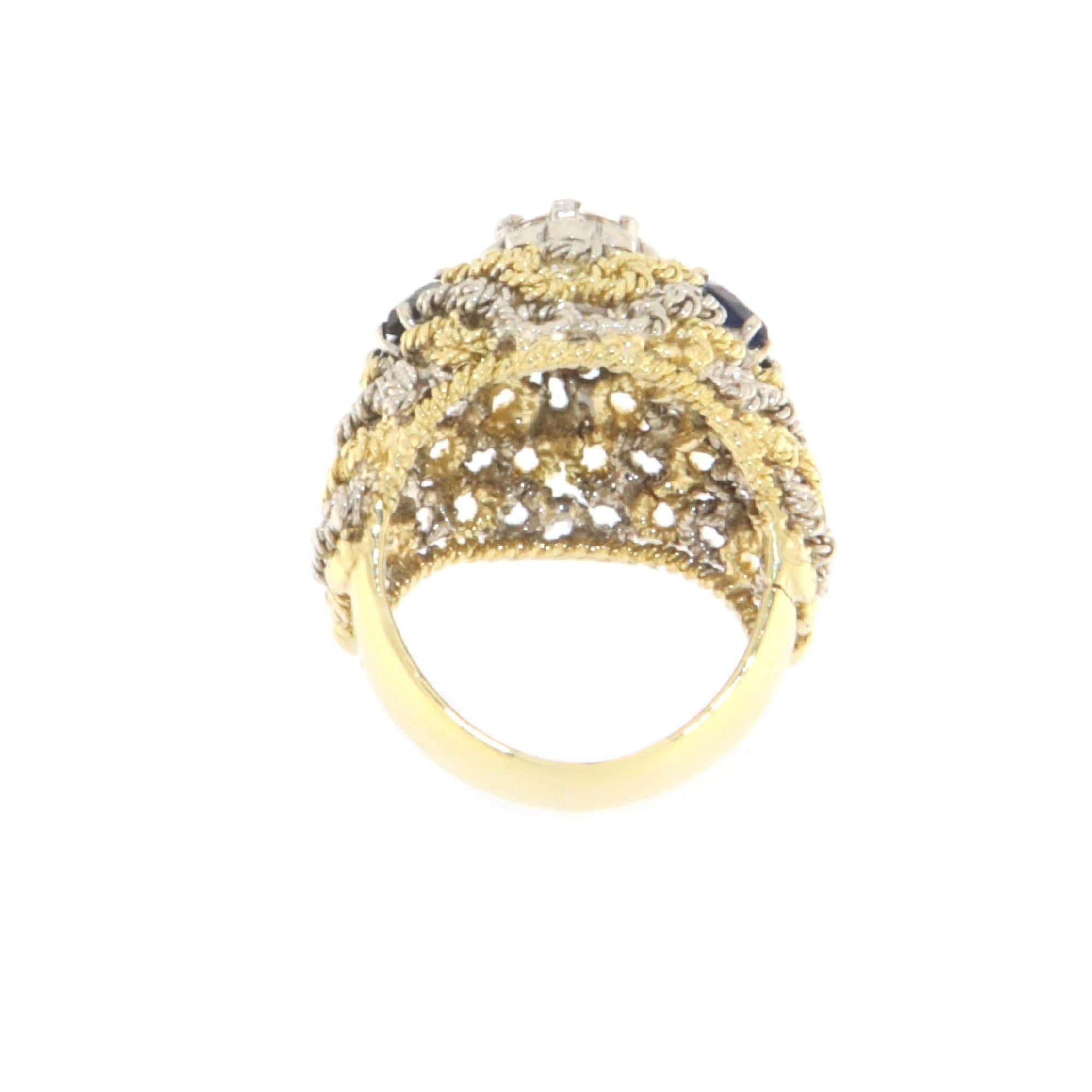 Brilliant Cut Sapphires Diamonds 18 Karat White And Yellow Gold Cocktail Ring For Sale