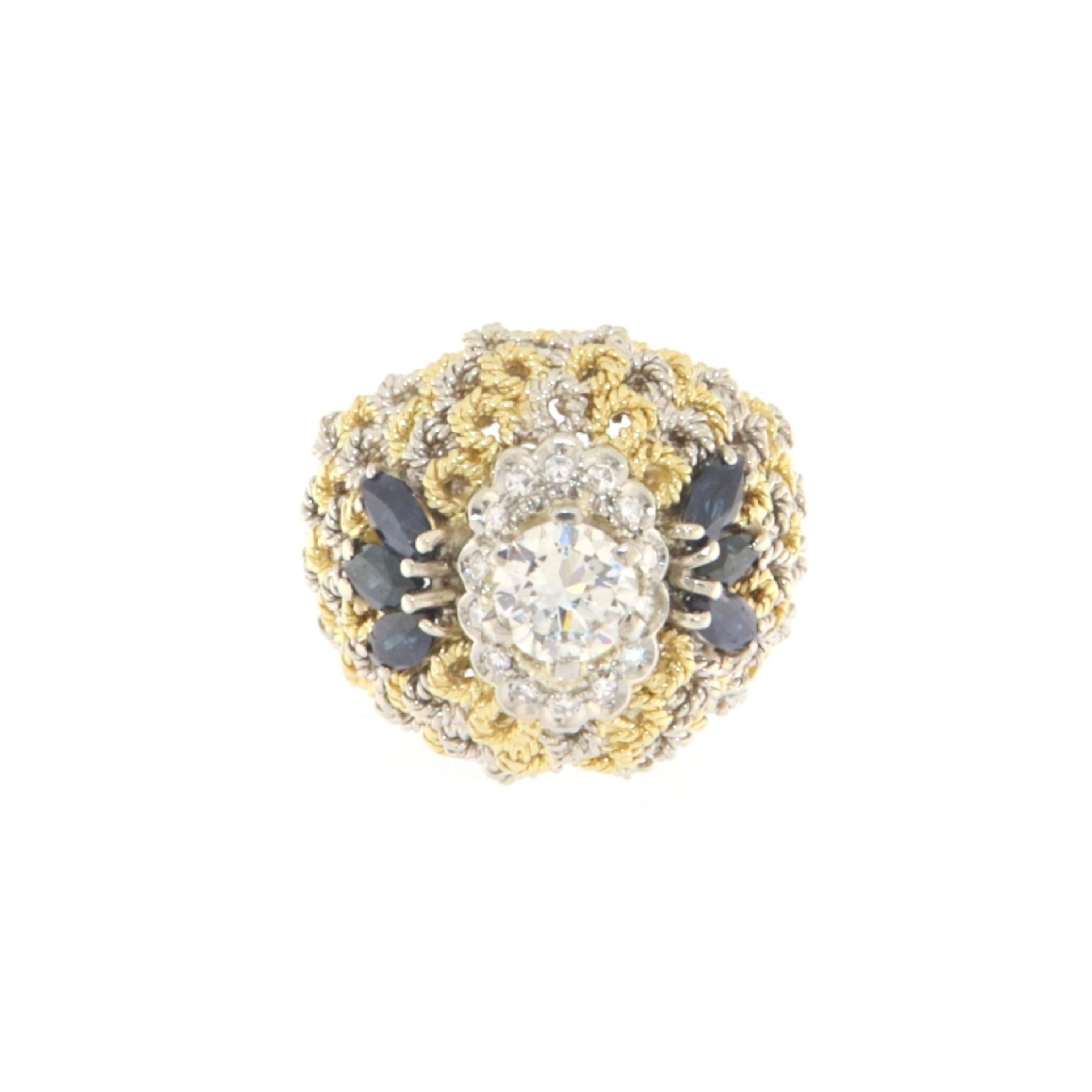 Women's Sapphires Diamonds 18 Karat White And Yellow Gold Cocktail Ring For Sale