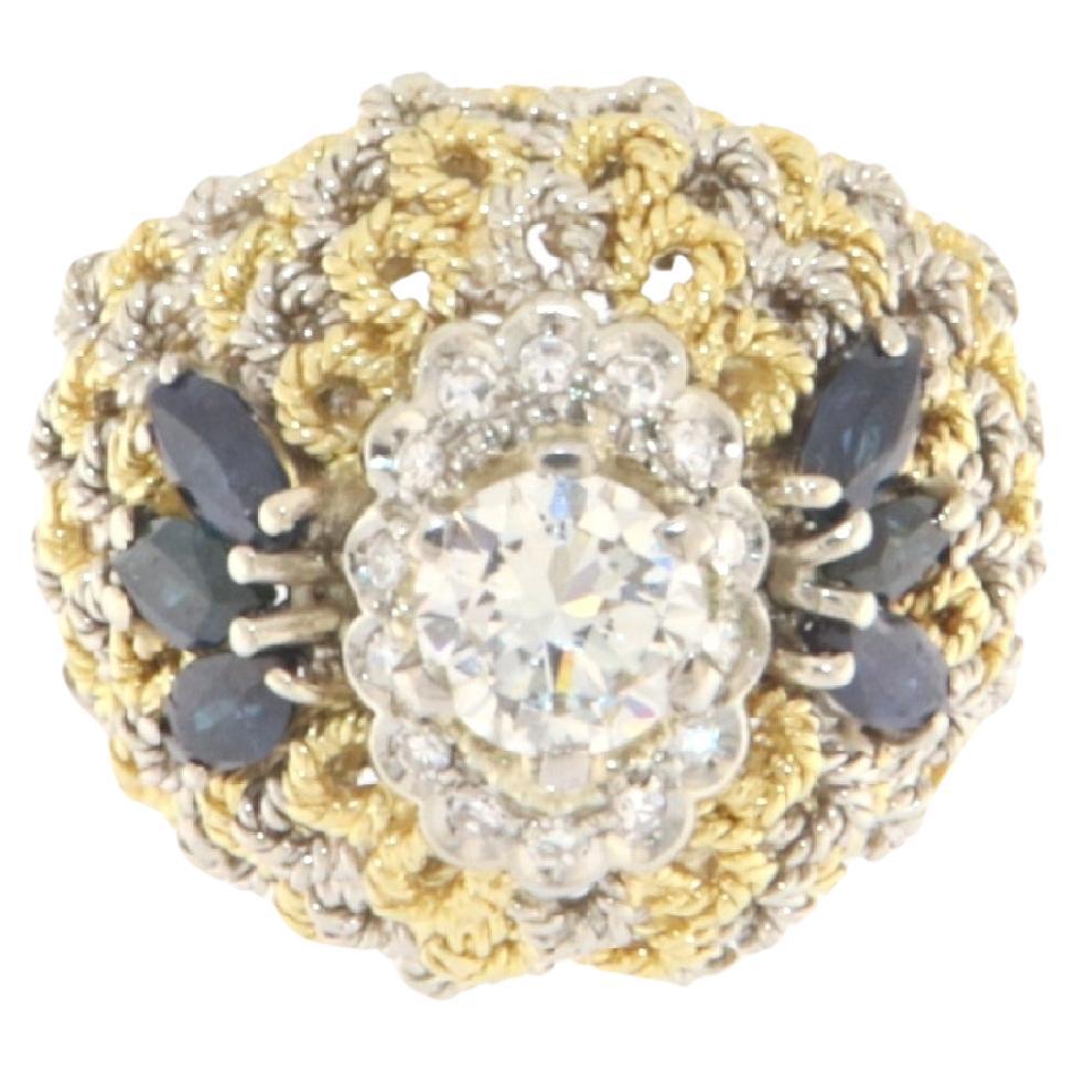 Sapphires Diamonds 18 Karat White And Yellow Gold Cocktail Ring For Sale