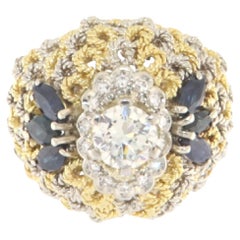 Retro Sapphires Diamonds 18 Karat White And Yellow Gold Cocktail Ring