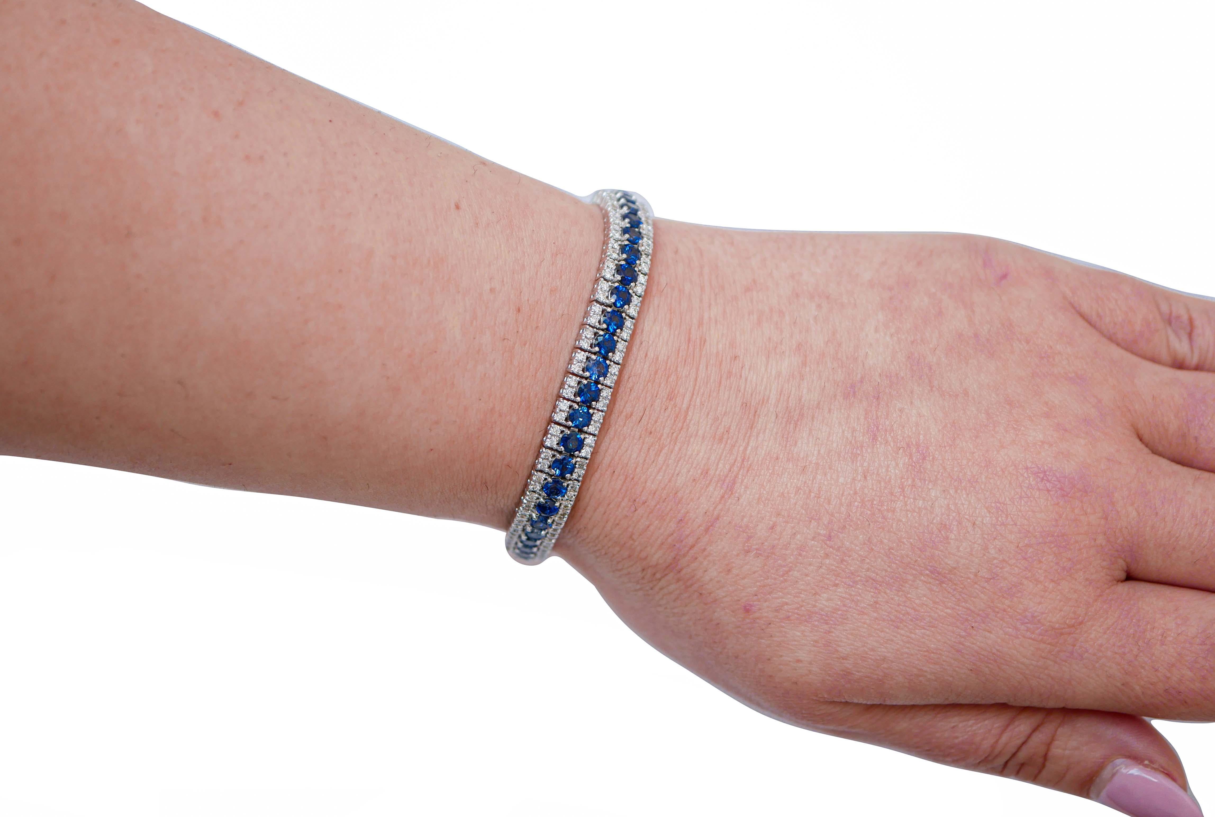 Mixed Cut Sapphires, Diamonds, 18 Karat White Gold Bracelet. For Sale