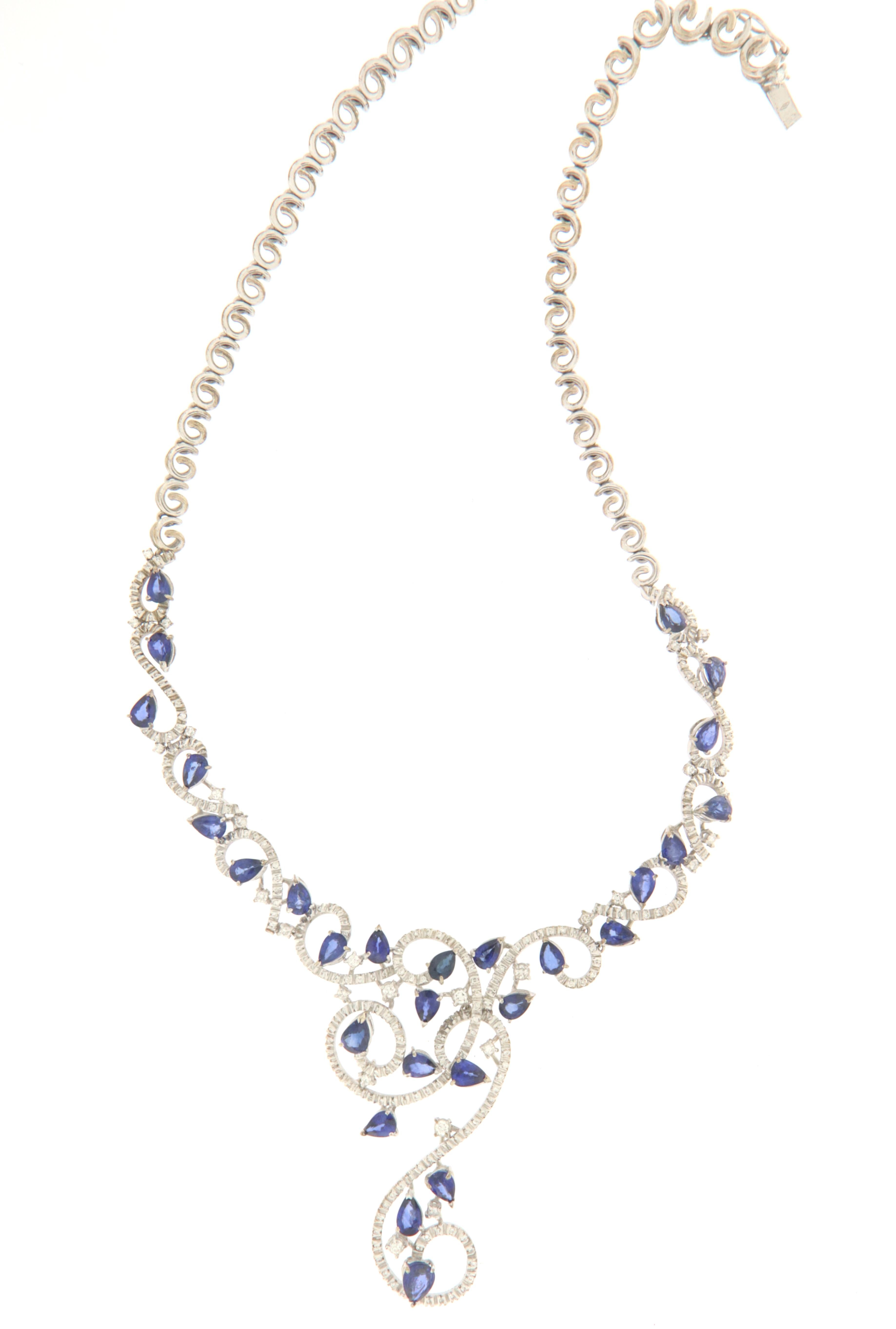 Artisan Sapphires Diamonds 18 Karat White Gold Choker Necklace For Sale