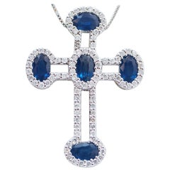 Sapphires, Diamonds, 18 Karat White Gold Cross Pendant Necklace