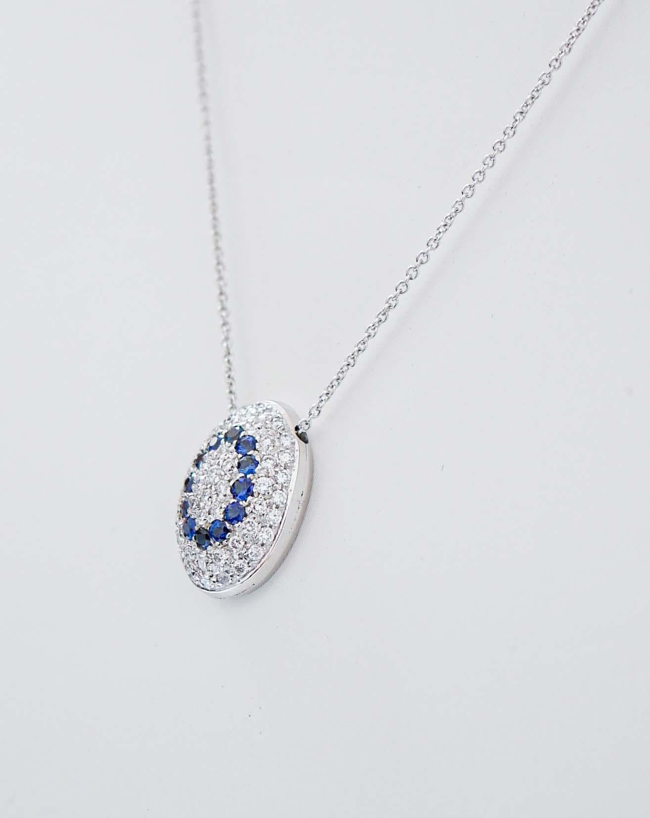Modern Sapphires, Diamonds, 18 Karat White Gold Pendant Necklace. For Sale