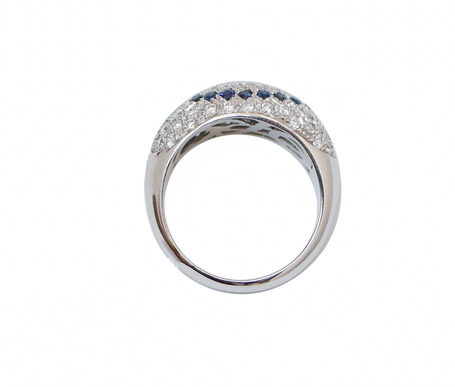 Modern Sapphires, Diamonds, 18 Karat White Gold Ring. For Sale