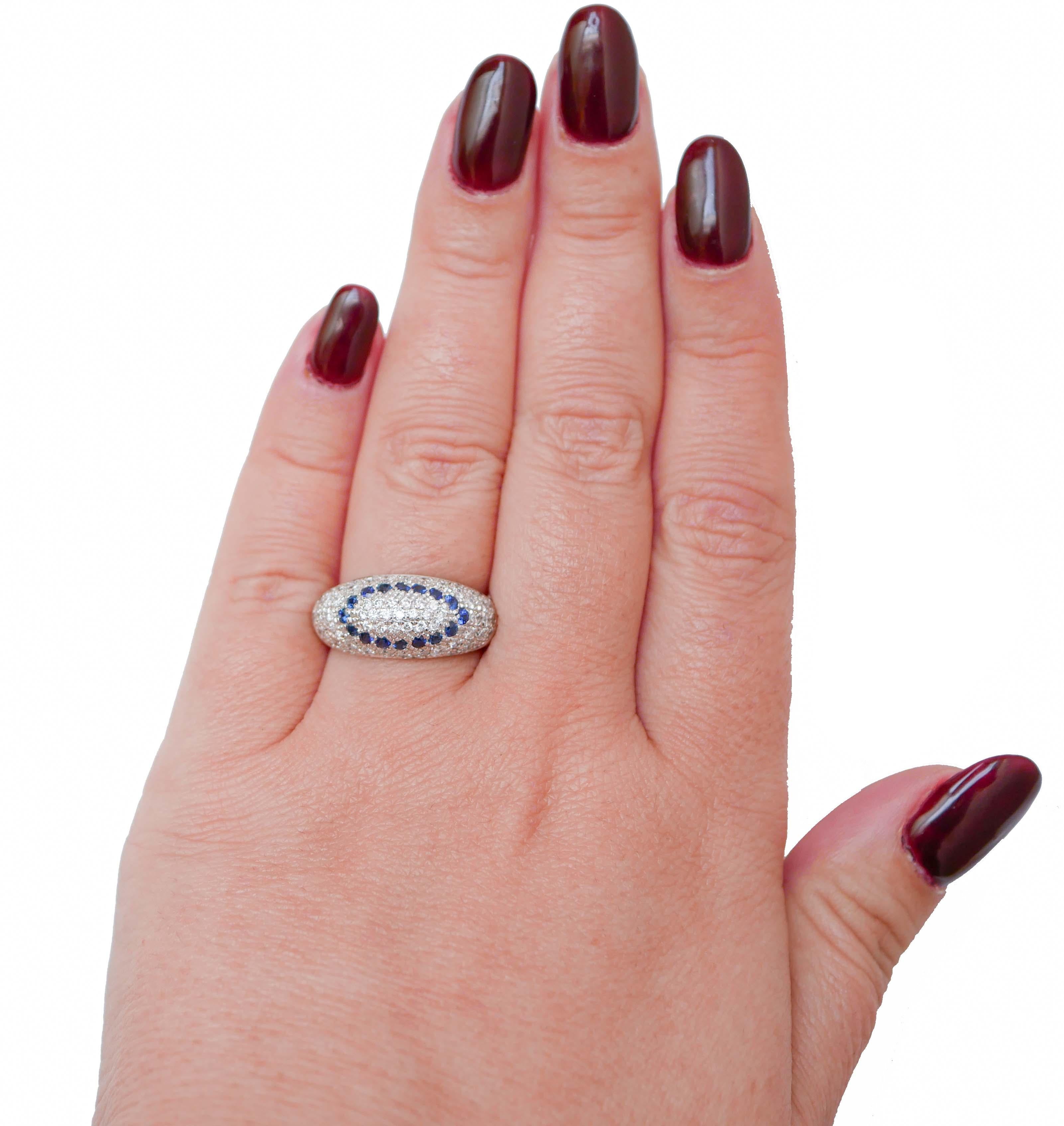 Mixed Cut Sapphires, Diamonds, 18 Karat White Gold Ring. For Sale