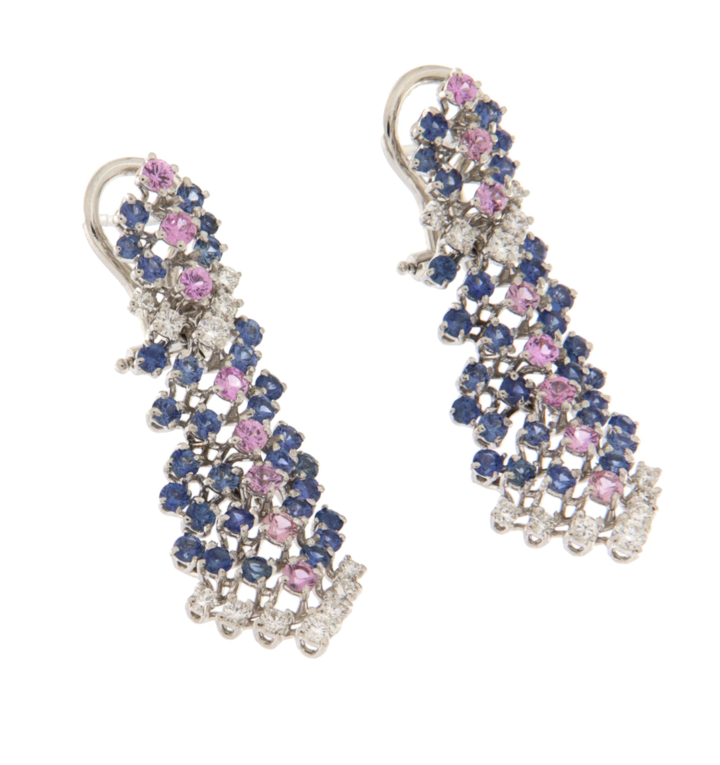 Artigiano Zaffiri Diamanti Orecchini a goccia in oro bianco 18 Kt in vendita