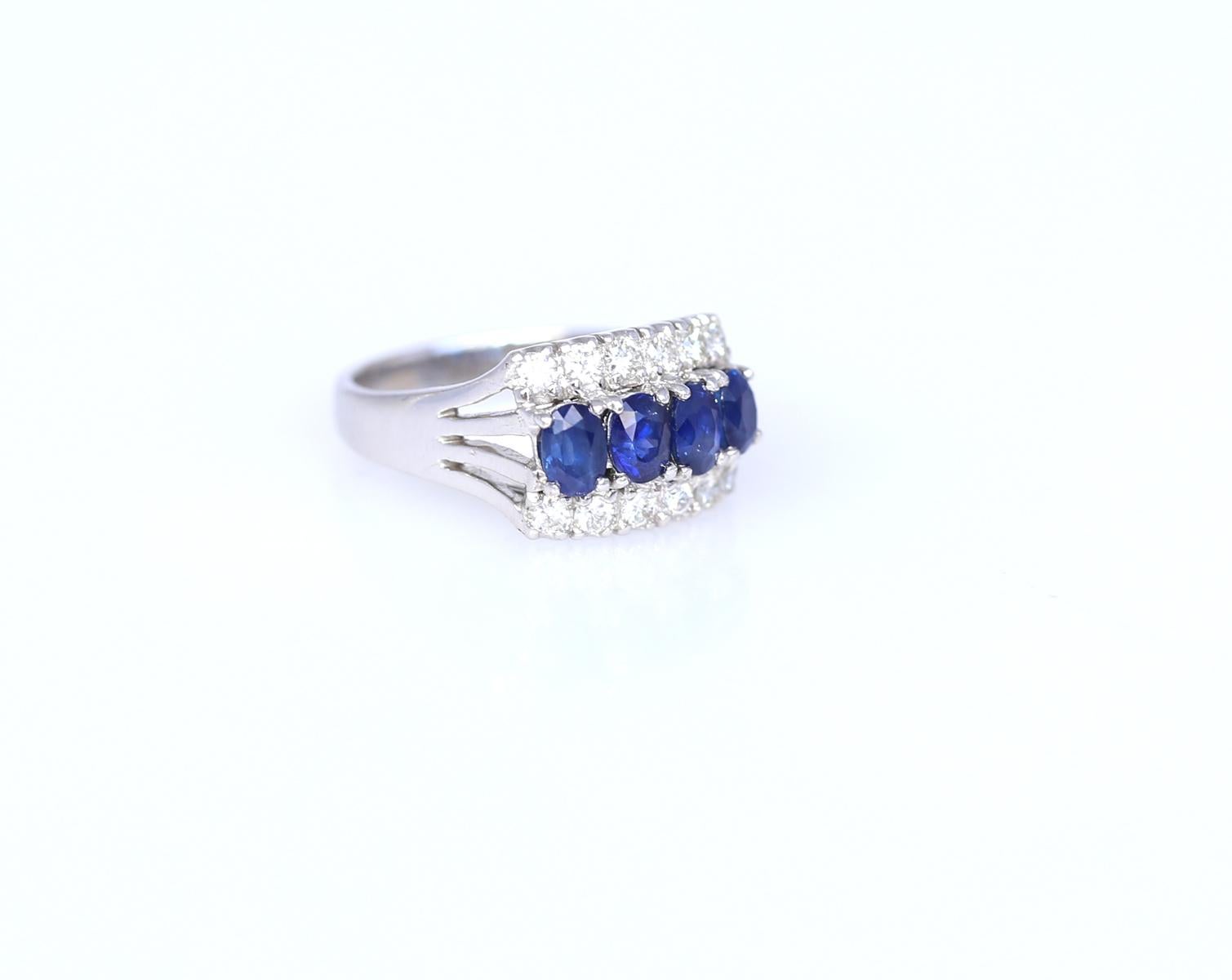 Round Cut Sapphires Diamonds 18K White Gold Modern Ring, 1990 For Sale