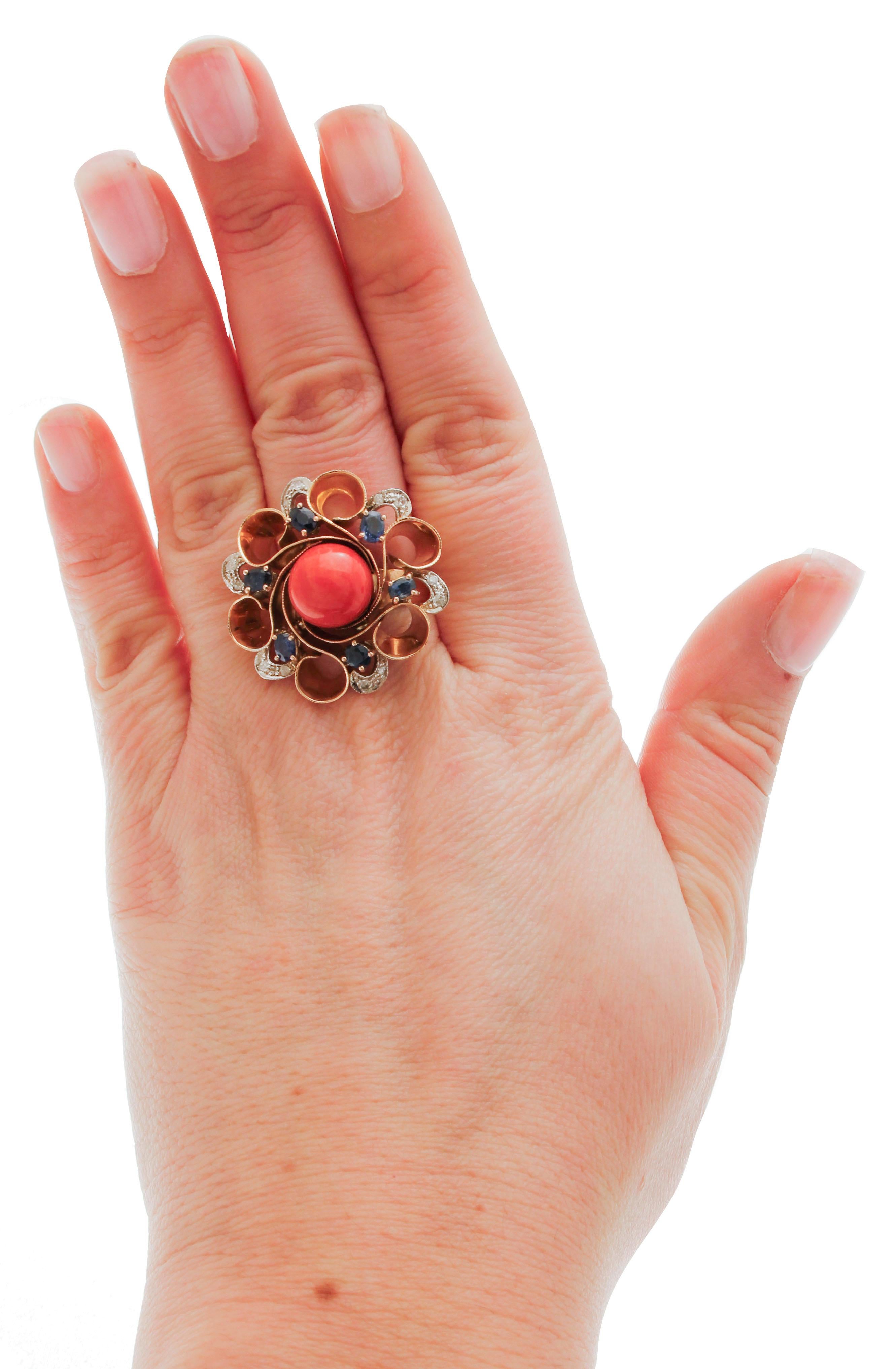 Mixed Cut Sapphires, Diamonds, Coral, 14 Karat White and Rose Gold Ring For Sale