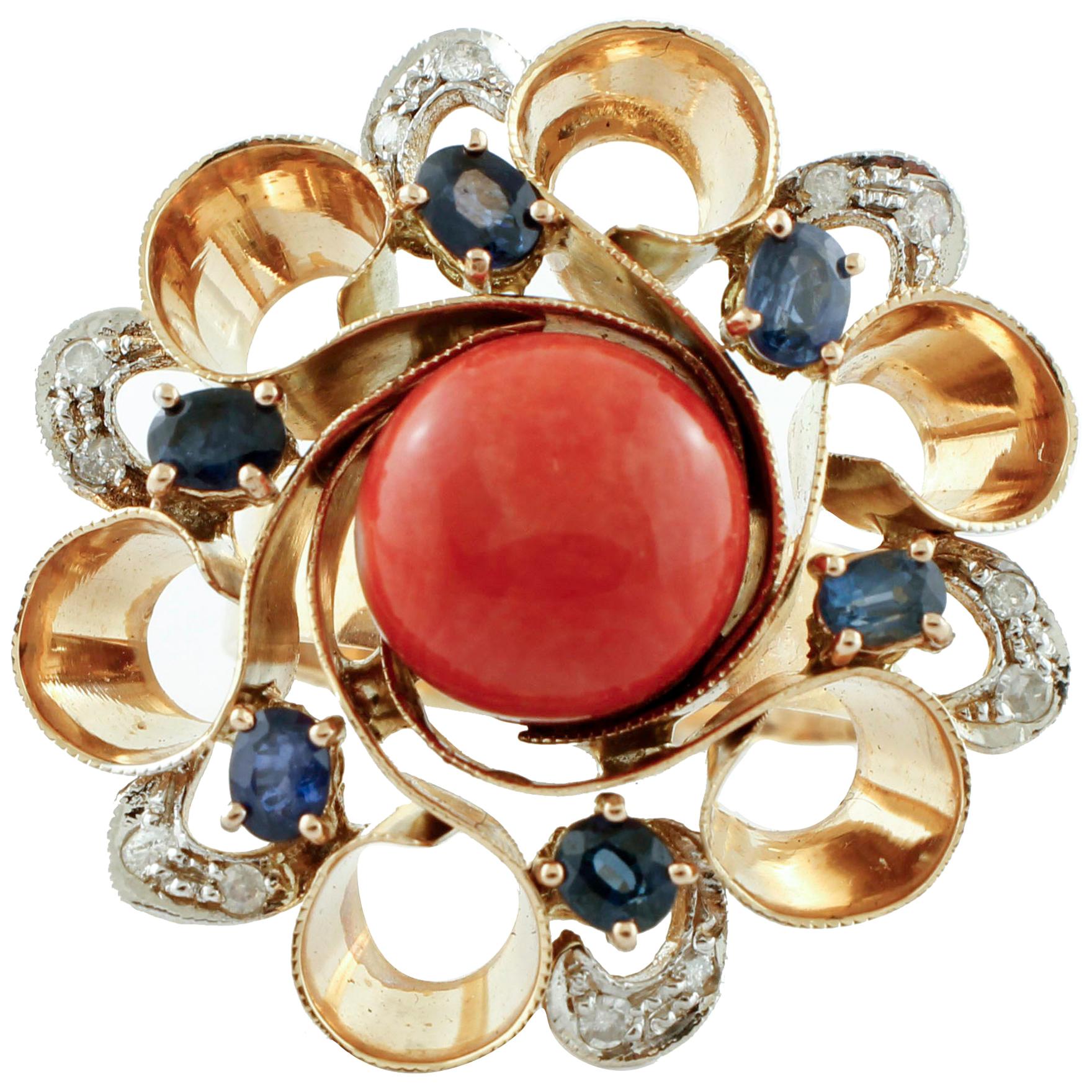Sapphires, Diamonds, Coral, 14 Karat White and Rose Gold Ring