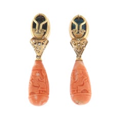 Contemporary Sapphire Natural Diamond Coral 18K Yellow Gold Drop Earrings