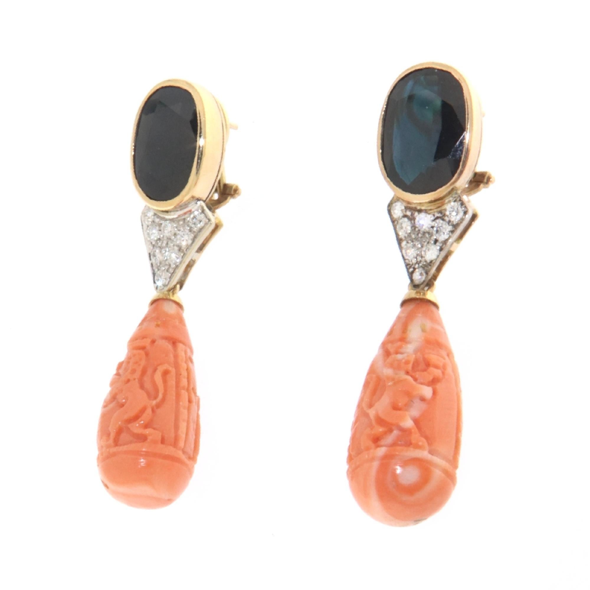 Brilliant Cut Sapphires Diamonds Coral 18 Karat Yellow Gold Drop Earrings For Sale