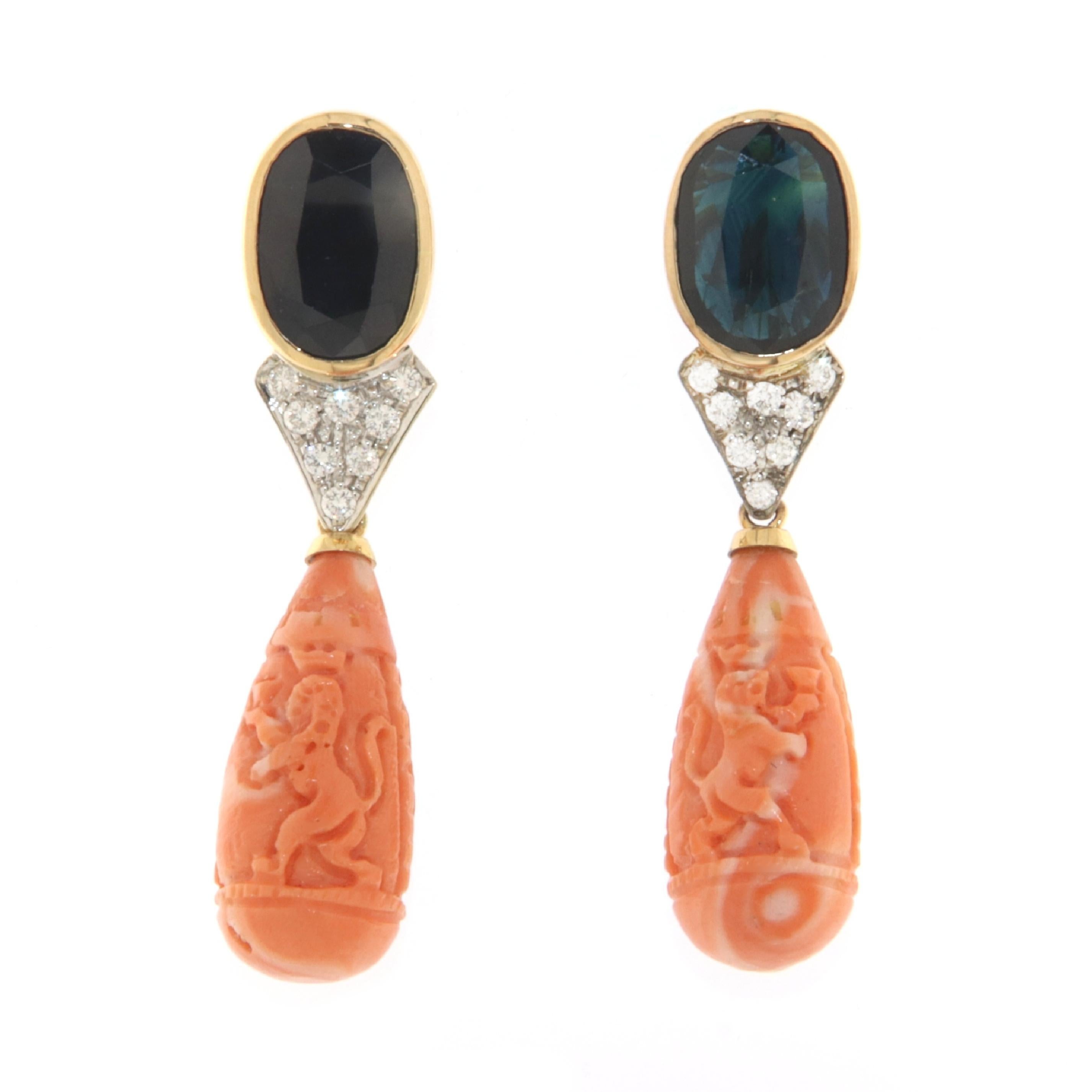 Women's Sapphires Diamonds Coral 18 Karat Yellow Gold Drop Earrings For Sale
