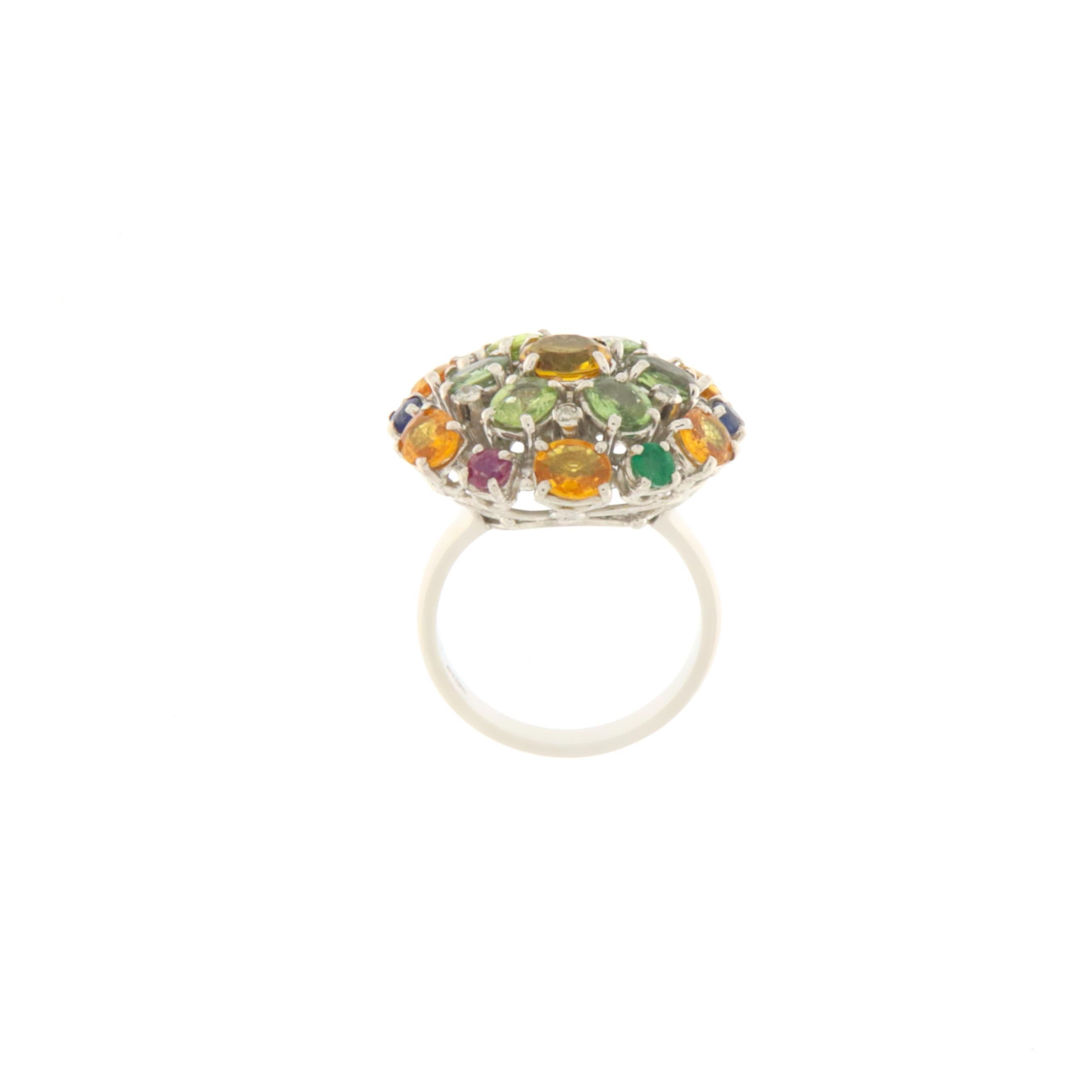 Artisan Sapphires Diamonds Emeralds Rubies 18 Karat White Gold Cockatil Ring For Sale