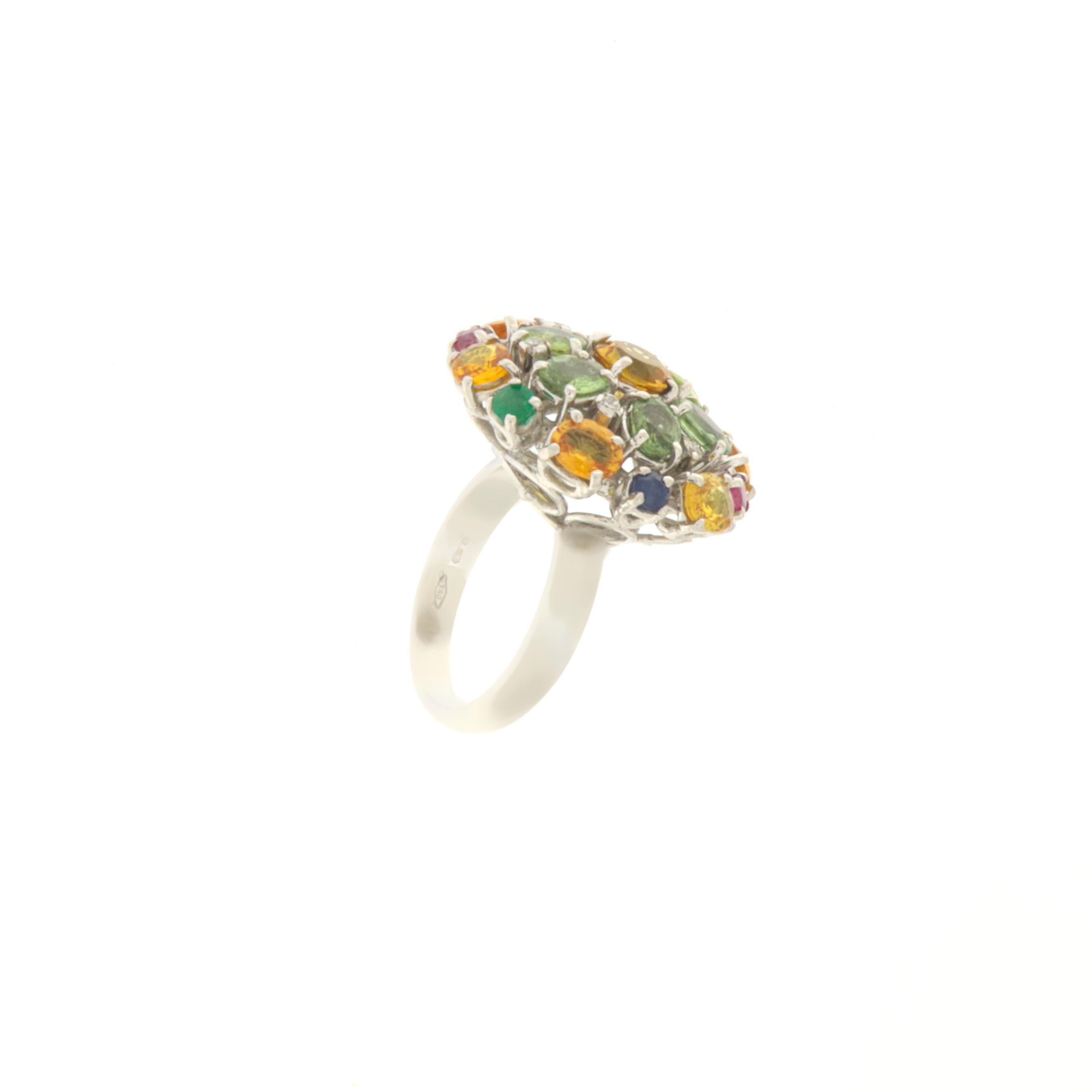 Brilliant Cut Sapphires Diamonds Emeralds Rubies 18 Karat White Gold Cockatil Ring For Sale
