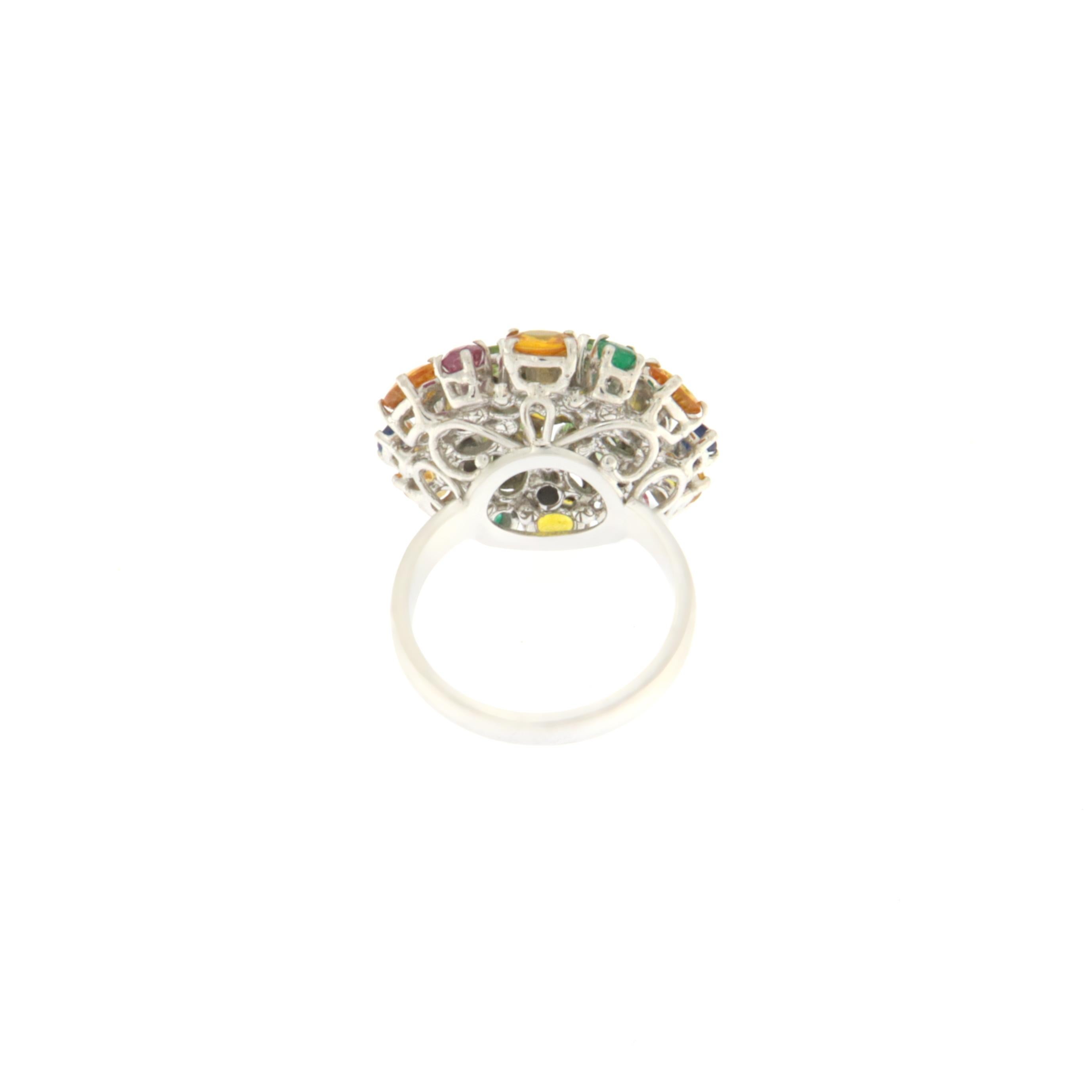 Sapphires Diamonds Emeralds Rubies 18 Karat White Gold Cockatil Ring In New Condition For Sale In Marcianise, IT
