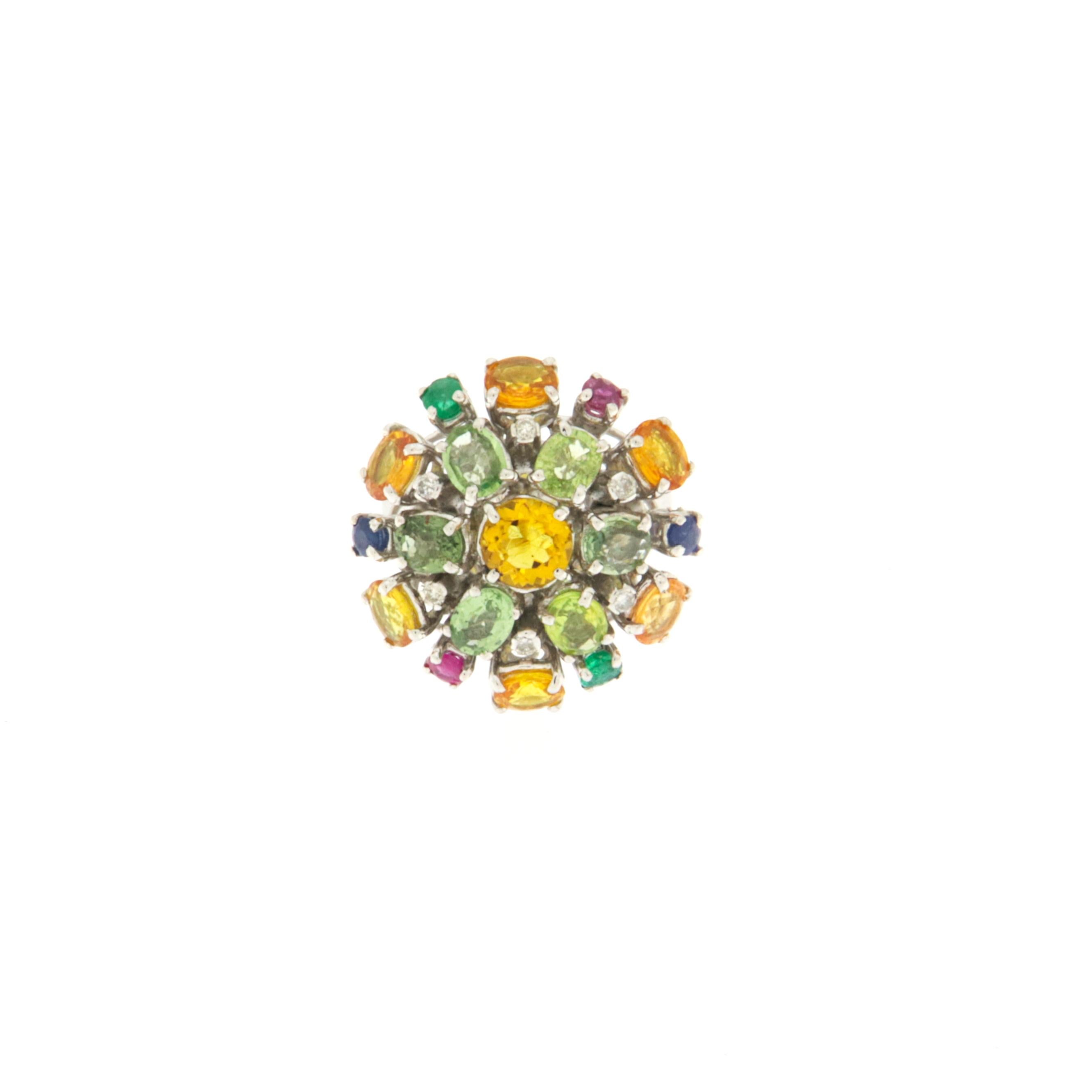 Women's Sapphires Diamonds Emeralds Rubies 18 Karat White Gold Cockatil Ring For Sale