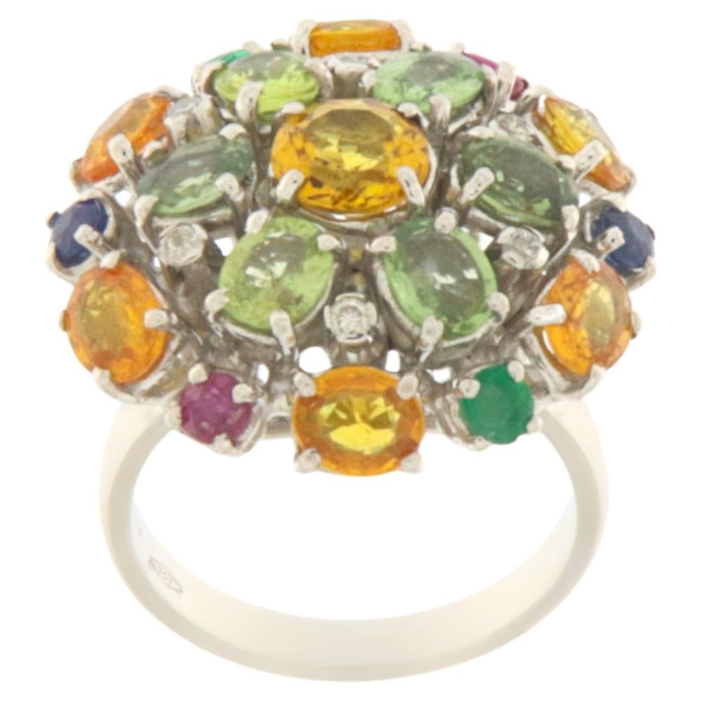 Sapphires Diamonds Emeralds Rubies 18 Karat White Gold Cockatil Ring For Sale