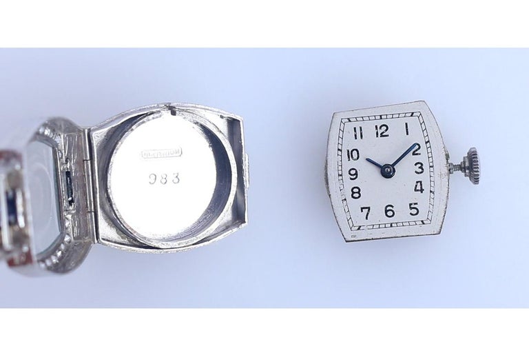 Sapphires Diamonds Onyx Platinum Swiss Brooch Watch Published, 1920 For Sale 4