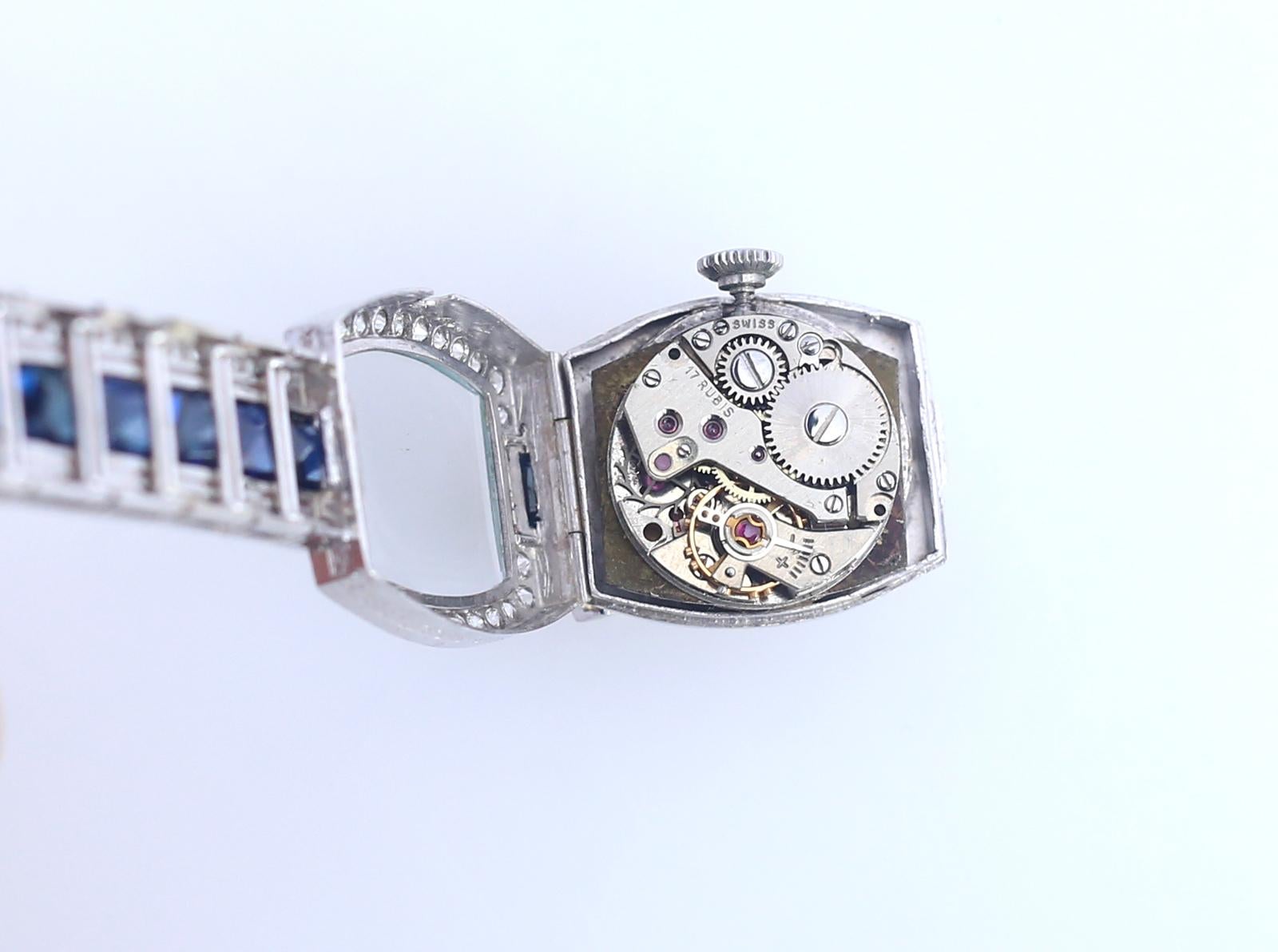 Swiss Watch Brooch Sapphires Diamonds Platinum Certificate, 1920 For Sale 5