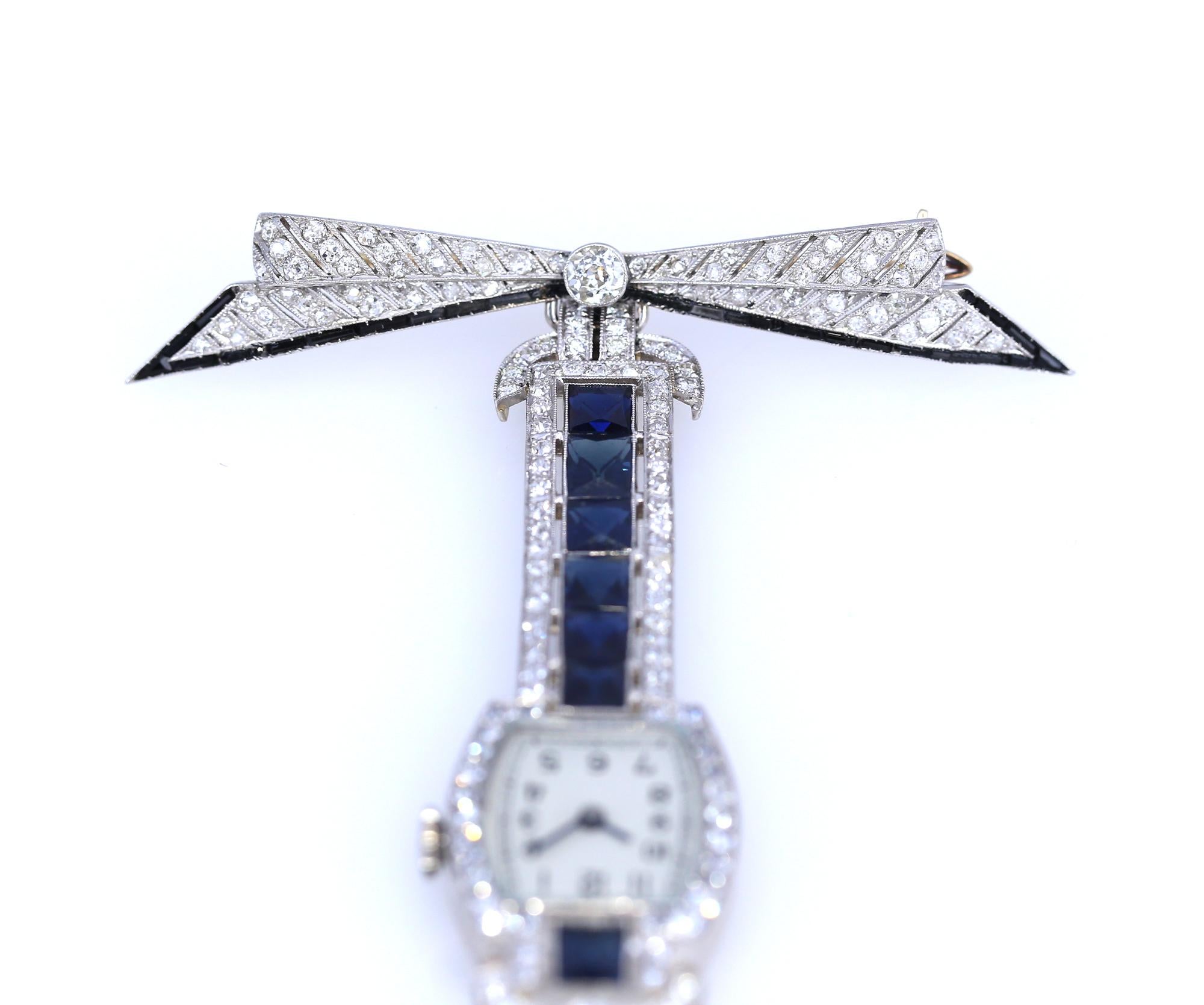 Round Cut Swiss Watch Brooch Sapphires Diamonds Platinum Certificate, 1920 For Sale