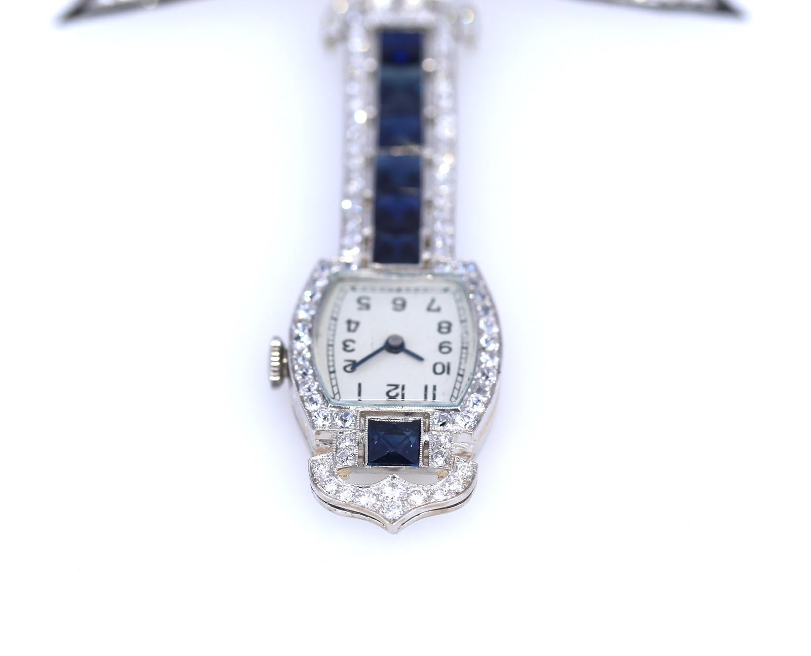Women's Swiss Watch Brooch Sapphires Diamonds Platinum Certificate, 1920 For Sale