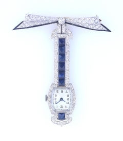 Sapphires Diamonds Onyx Platinum Swiss Brooch Watch Published, 1920