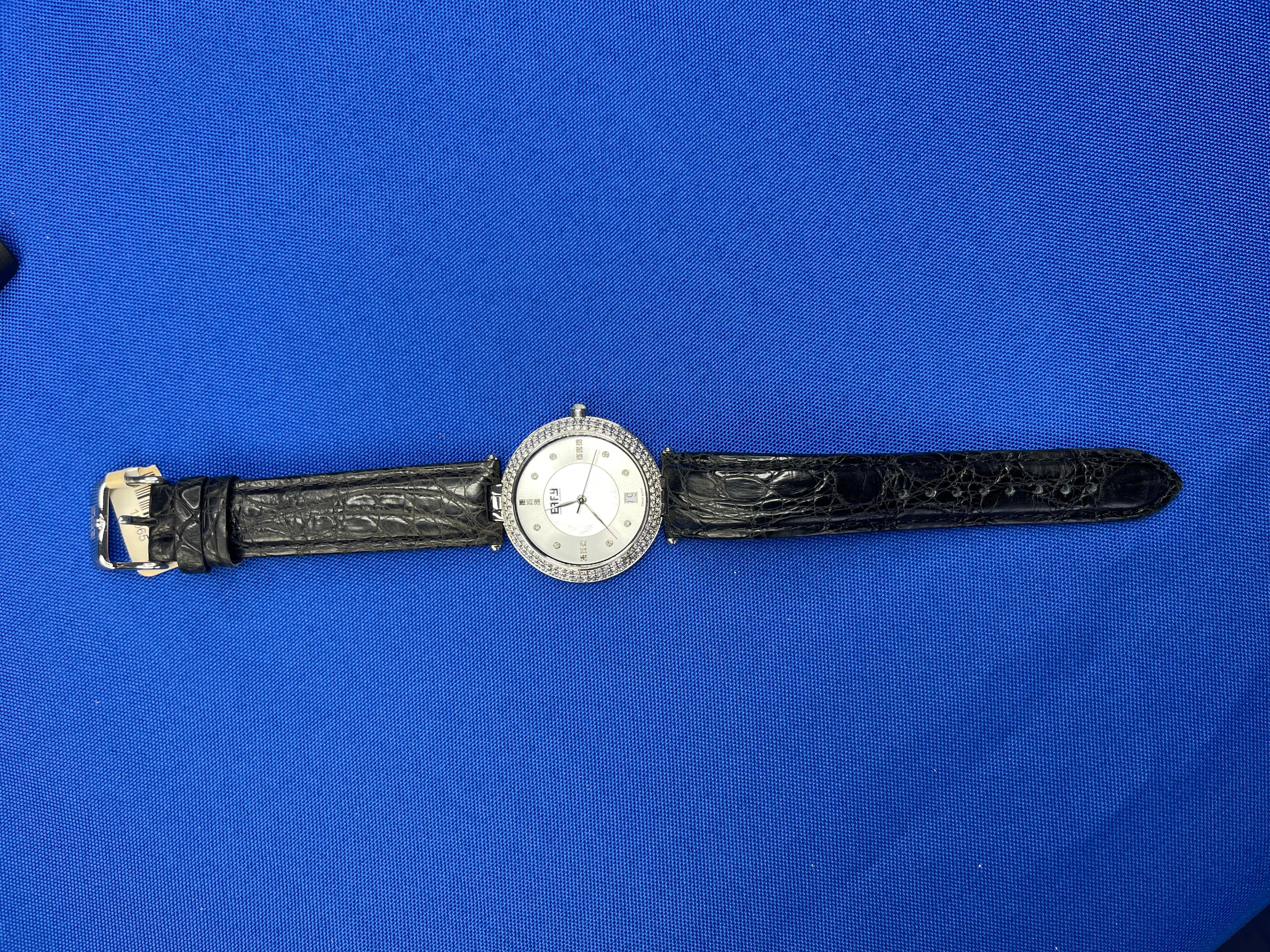 Sapphires & Diamonds Pave Dial Luxury Swiss Quartz Exotic Leather Band Watch In New Condition For Sale In Oakton, VA