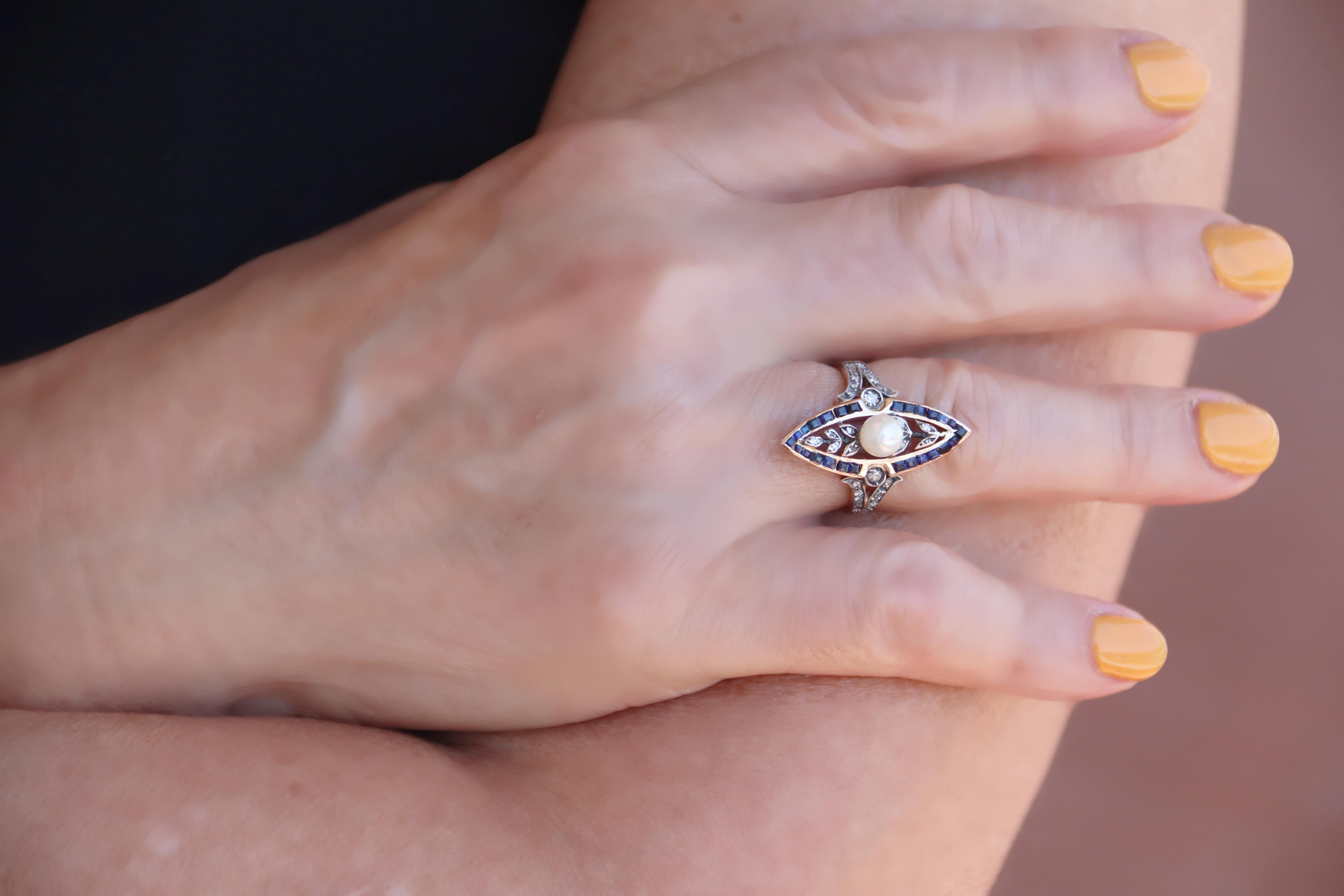 Sapphires Diamonds Pearl Yellow Gold 14 Carat Cocktail Ring For Sale 4