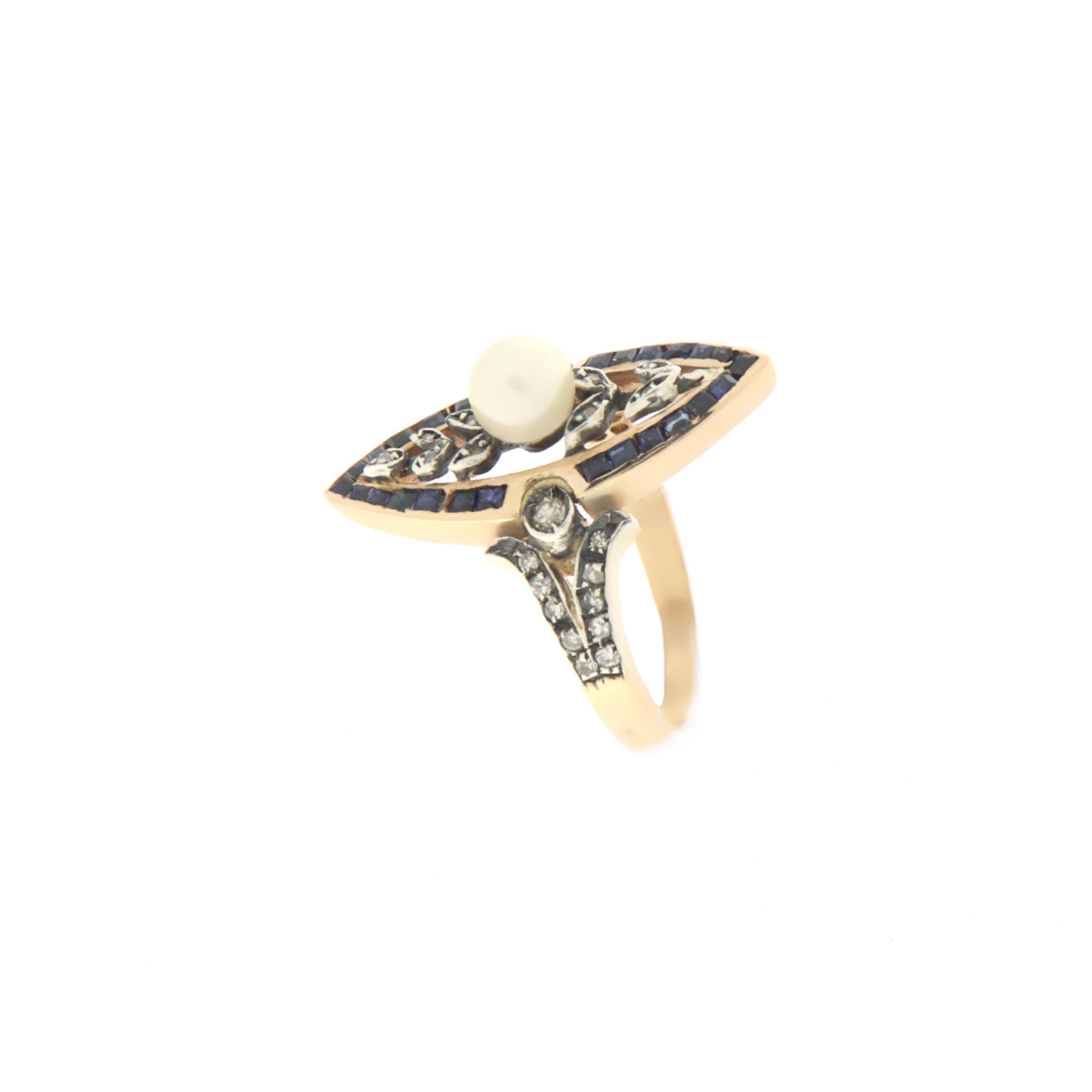 Round Cut Sapphires Diamonds Pearl Yellow Gold 14 Carat Cocktail Ring  For Sale