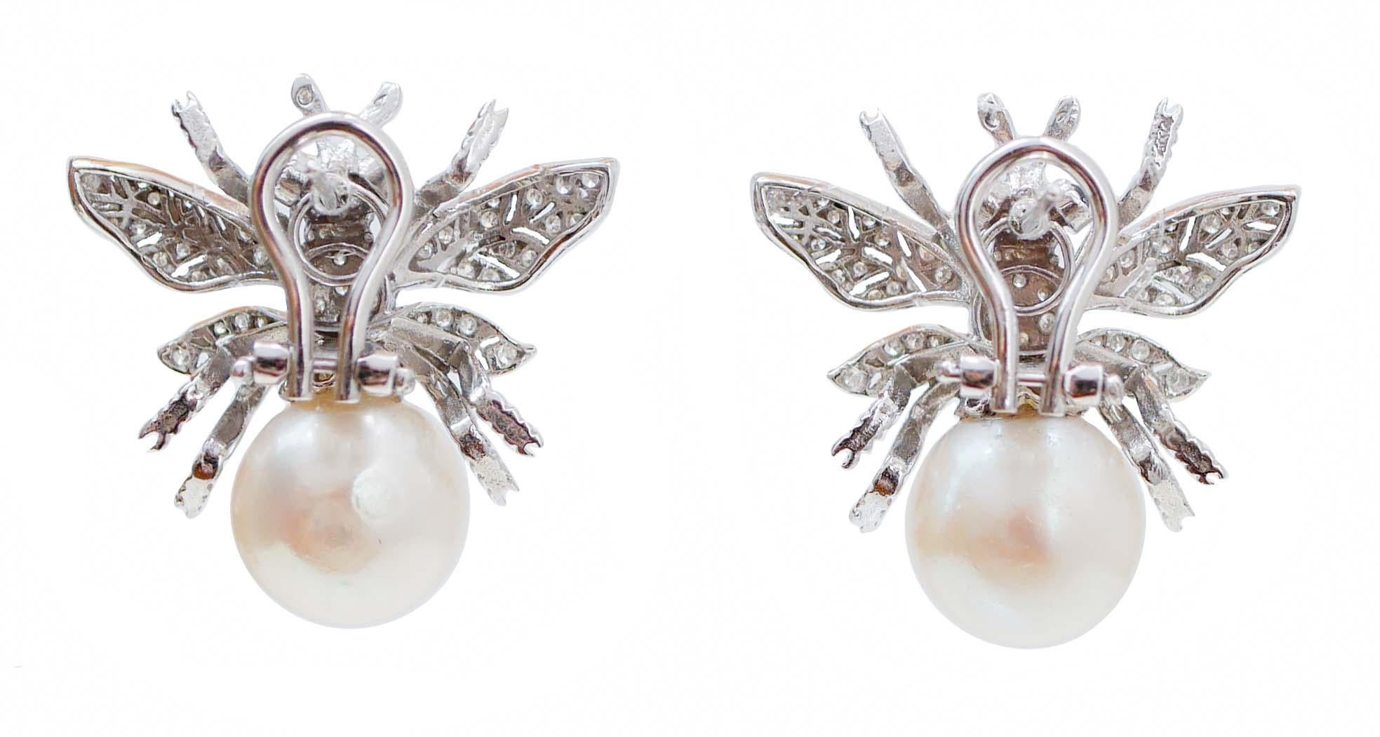 Retro Sapphires, Diamonds, Pearls, 14 Karat White Gold Fly Earrings