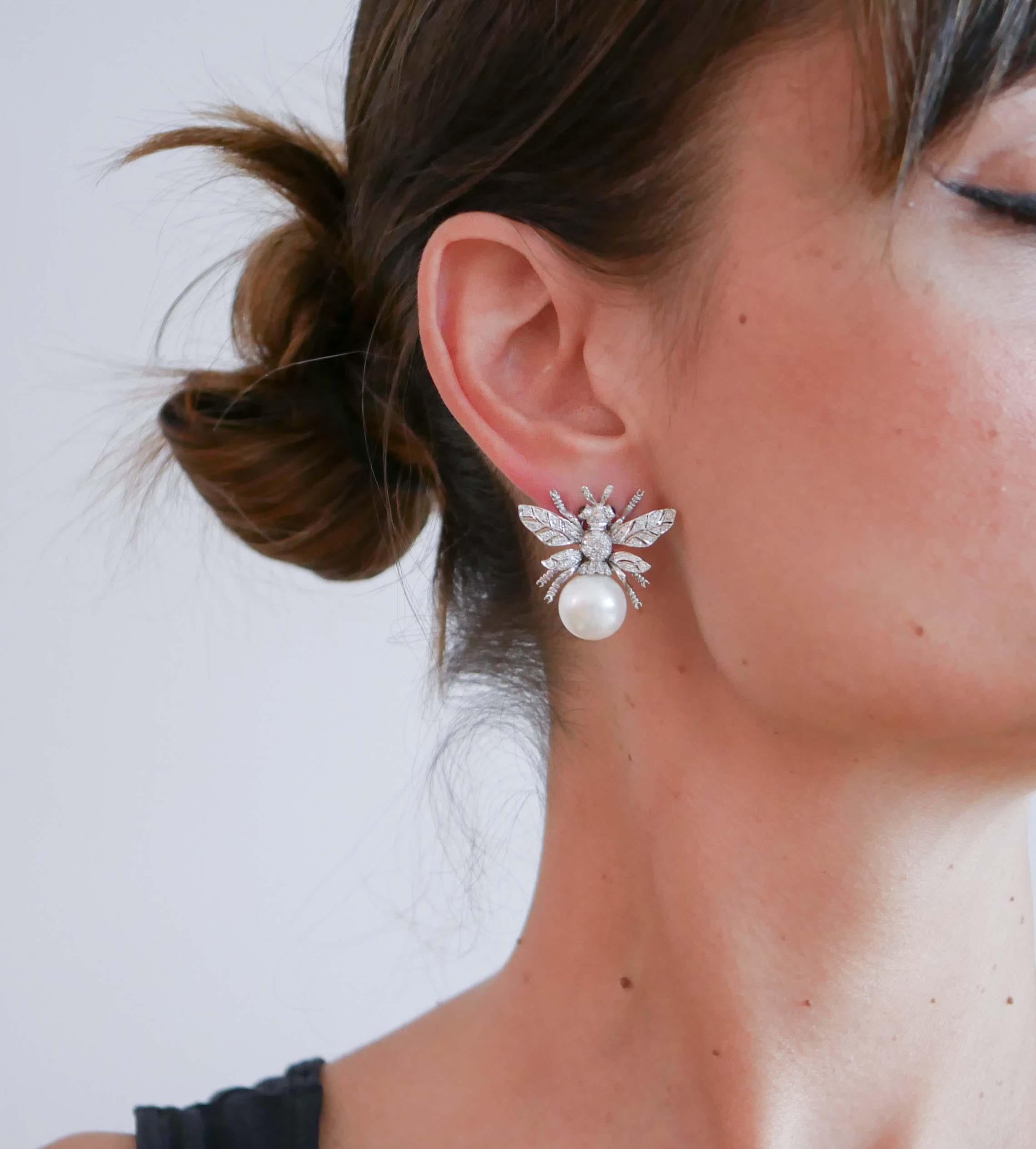 Mixed Cut Sapphires, Diamonds, Pearls, 14 Karat White Gold Fly Earrings