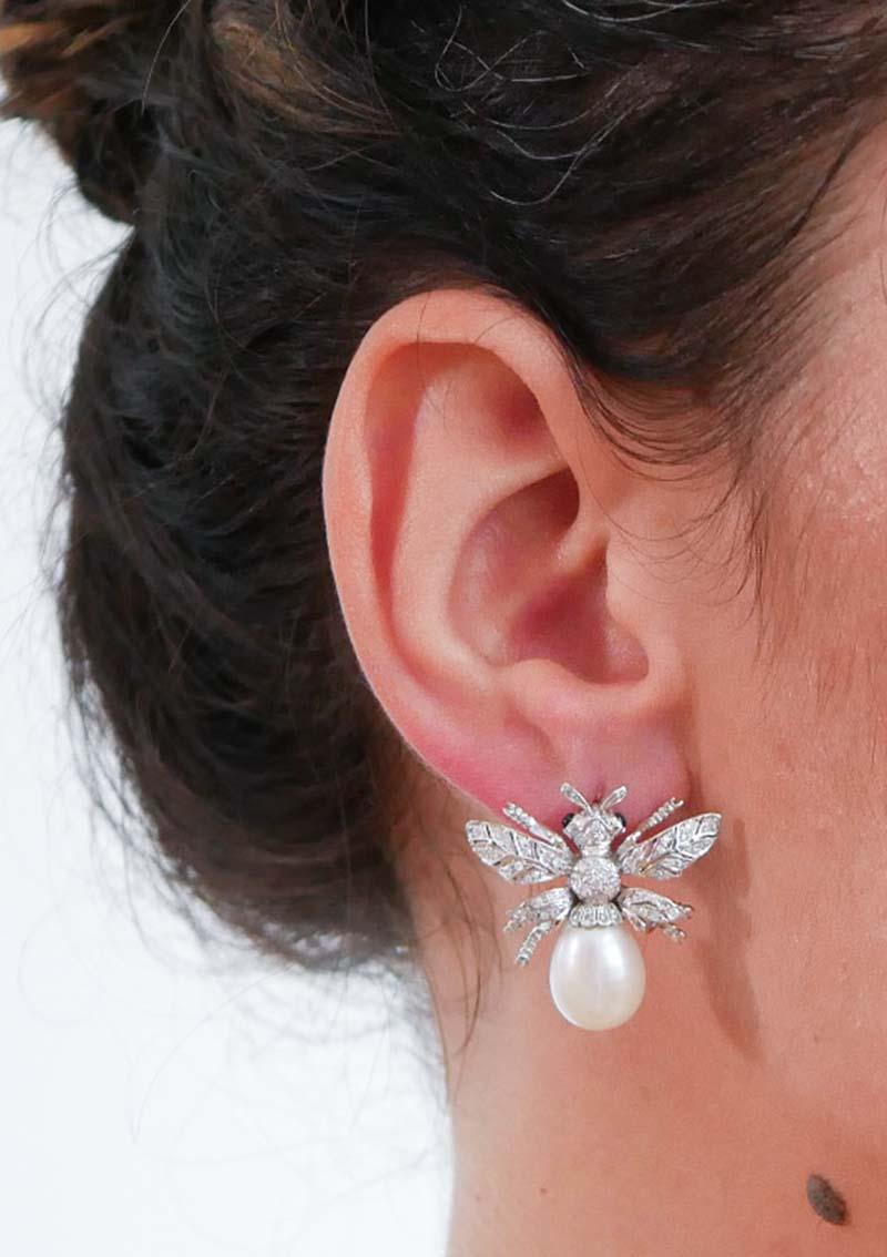 Saphirs, diamants, perles, boucles d'oreilles mouche en or blanc 14 carats Neuf - En vente à Marcianise, Marcianise (CE)